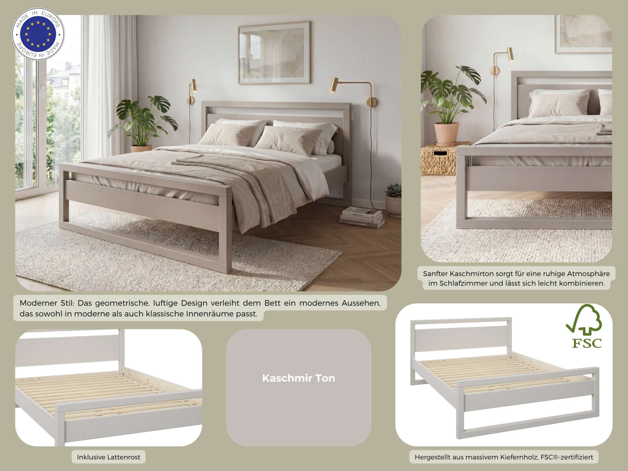 OTTO home Massivholzbett »Wellow , Kaschmir-Beige-Beige, Kiefer, inklusive Lattenrost« Liegefläche 140x200 cm,  nordisch-modern, bis 180 kg belastbar, FSC® & Made in Europe