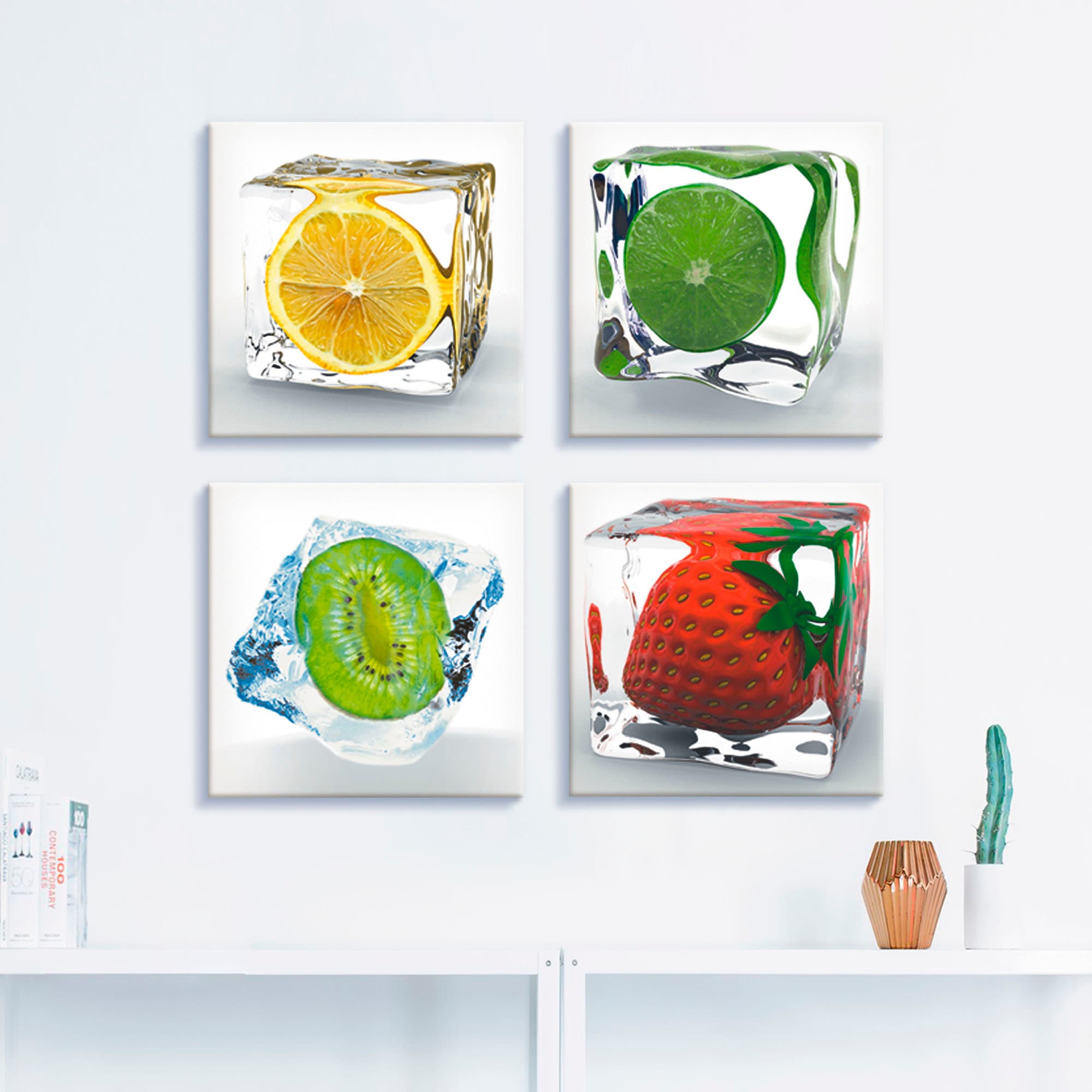 Artland Leinwandbild »Früchte im Eiswürfel«, Lebensmittel, (4 St.), 4er Set, verschiedene Größen