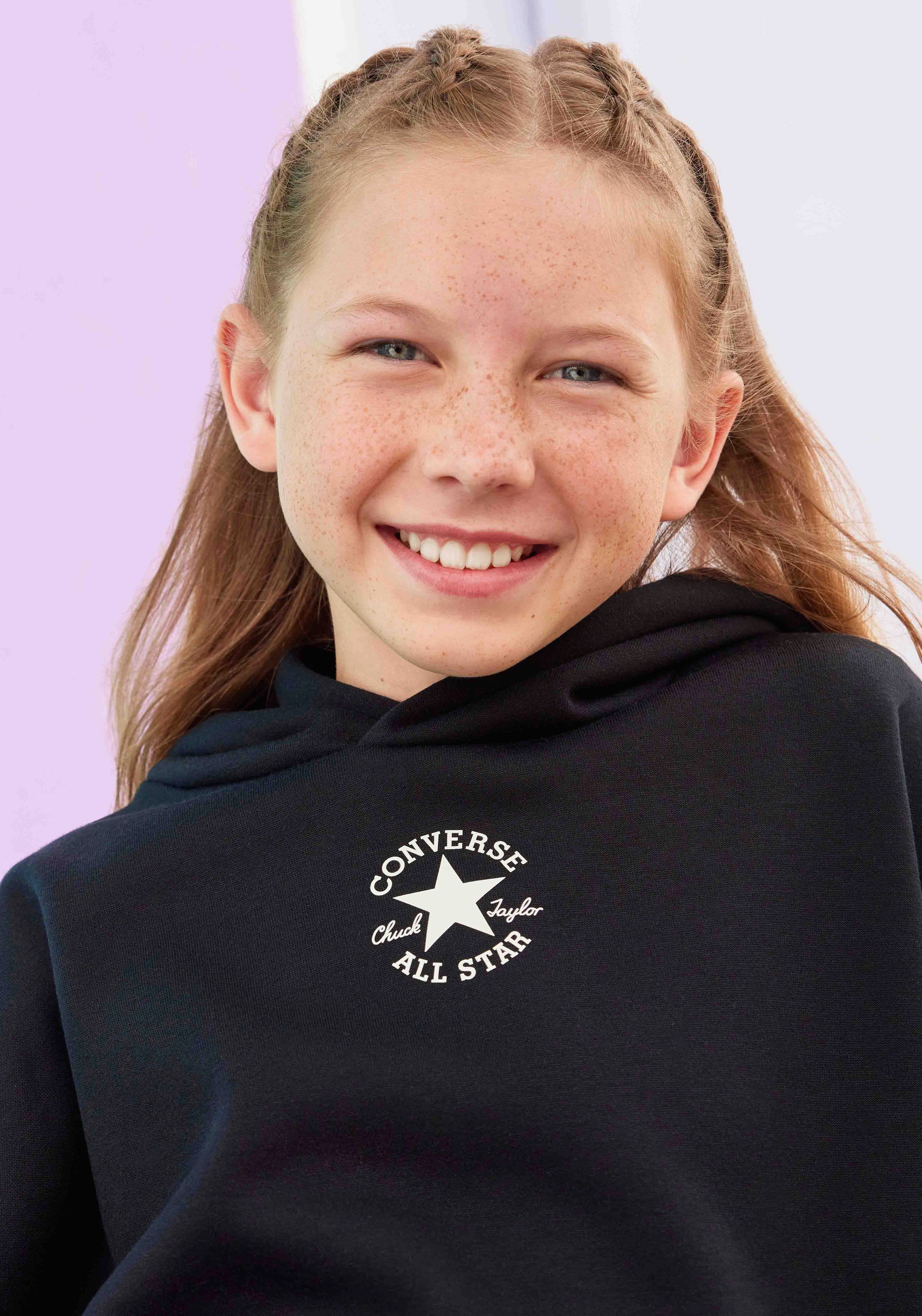 Kapuzensweatshirt CONVERSE "für Kinder", Mädchen, Gr. 134/140, schwarz, Sweatware, Obermaterial: 100% Polyester, unifarben, elastischer Bund, Sweatshirts, mit Kapuze, mit Kängurutasche, sportlicher Stil