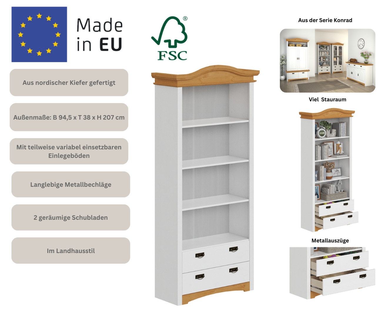 OTTO home Regal »Konrad, Standregal, Bücherregal, Stauraum« aus massiver Kiefer, Breite 94 cm, Höhe 208 cm, mit Schubladen, FSC®