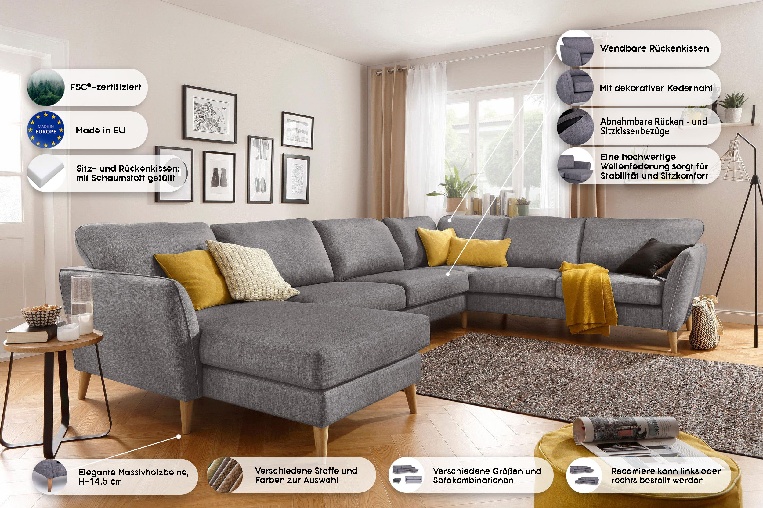 Thumbnail - Home affaire Wohnlandschaft "MARSEILLE XXL 349cm, U-Form, Ottomane rechts/links wählbar" Massivholzbeine Eiche, Landhaus...