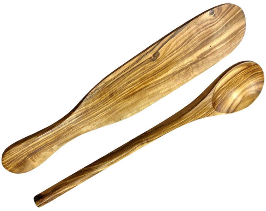 Olivenholz-erleben Kochlöffel »Crêpes-Wender und Kochlöffel rund aus Olivenholz«, (Set, 2 tlg., 1x Crêpes-Wender, 1x Kochlöffel rund aus Olivenholz plus Überraschung), Crêpes-Spatel und Kochlöffel aus Olivenholz sind schonend zu Pfannen
