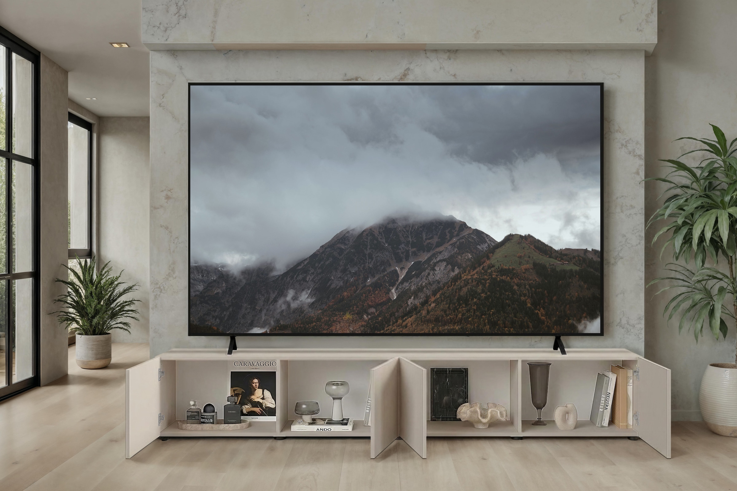 Home affaire Lowboard »Rio, 245 cm breit, 47 cm tief, 4 Türen mit geriffelten MDF Fronten« Modernes Lowboard für bis zu 98-Zoll-TV – perfekt für die WM