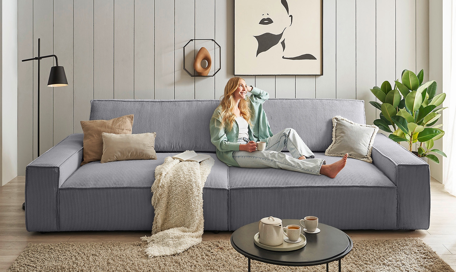 OTTO home Big-Sofa "SHERWOOD XXL Cord, Big-Sofa (316cm), extra tiefe Sitzfläche 95 cm" bequemer Sitzkomfort, Cord u. Leinenoptik, Kedernaht