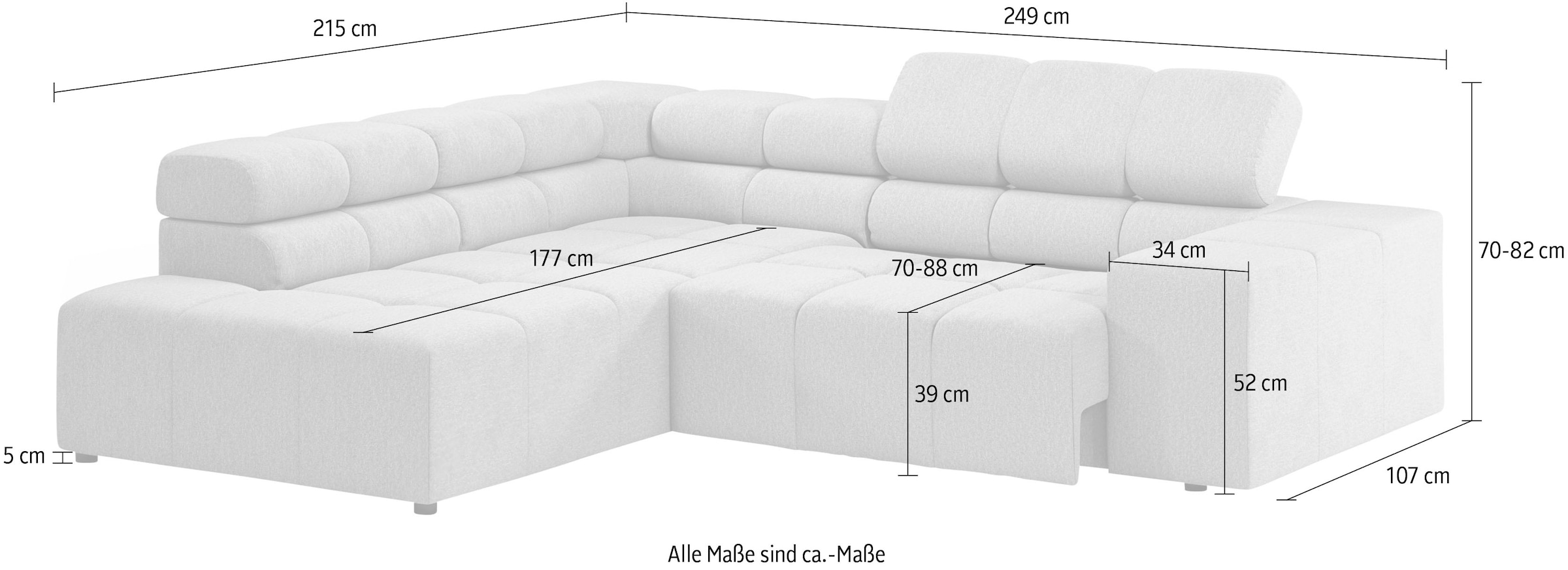 INOSIGN Ecksofa »Ancona, incl. Kopfteilverstellung + 3 Zierkissen L-Form,«, wahlweise motorische Sitztiefenverstellung, B/T(H: 249/215/70 cm