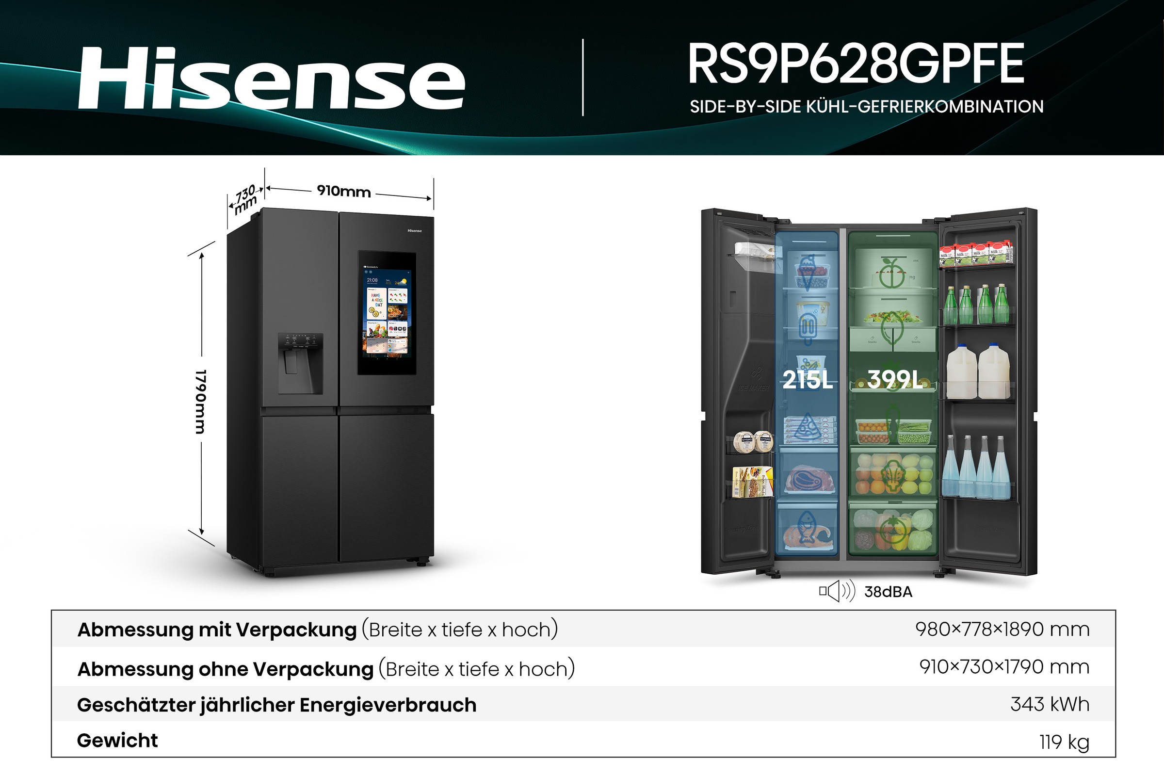 Hisense Side-by-Side »RS9P628GPFE«, großes SMART-Display