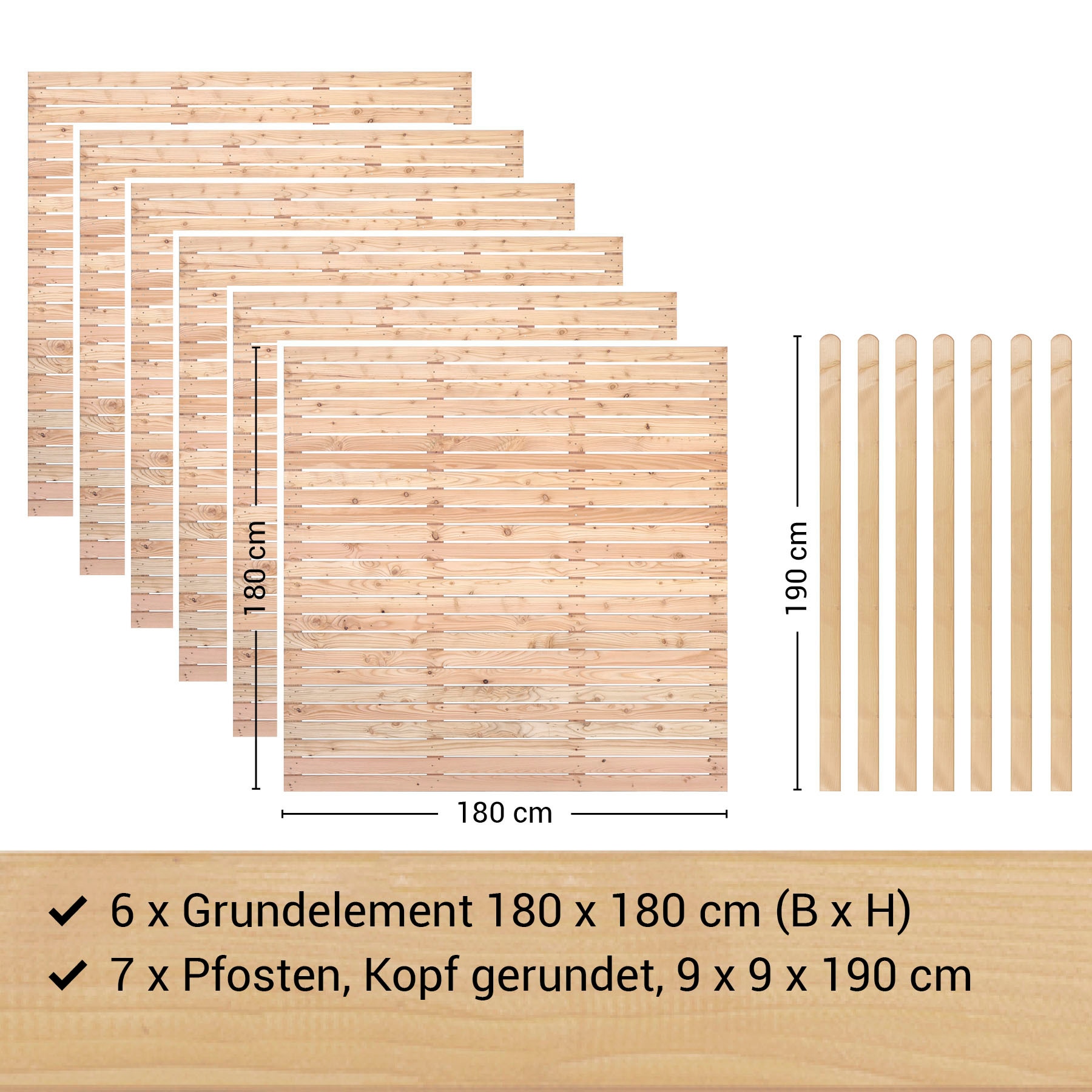 BM Massivholz Zaun »Kurt Set 6«, 6 Zaunelemente 180 x 180cm, 7 Pfosten, Kopf gerundet, Länge 190cm