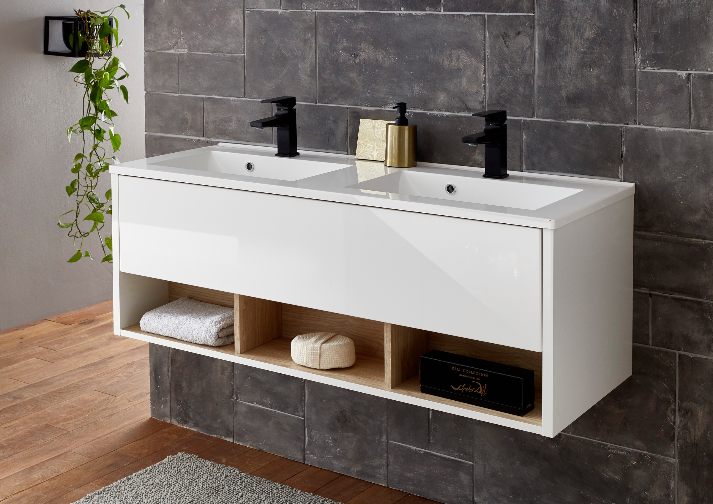 Places of Style Badmöbel-Set »Studio Line, Bad im modernen Design, 2-teiliges Badezimmer«, (2 St.), Waschtisch und Spiegel, in zwei Farben verfügbar, viel Stauraum