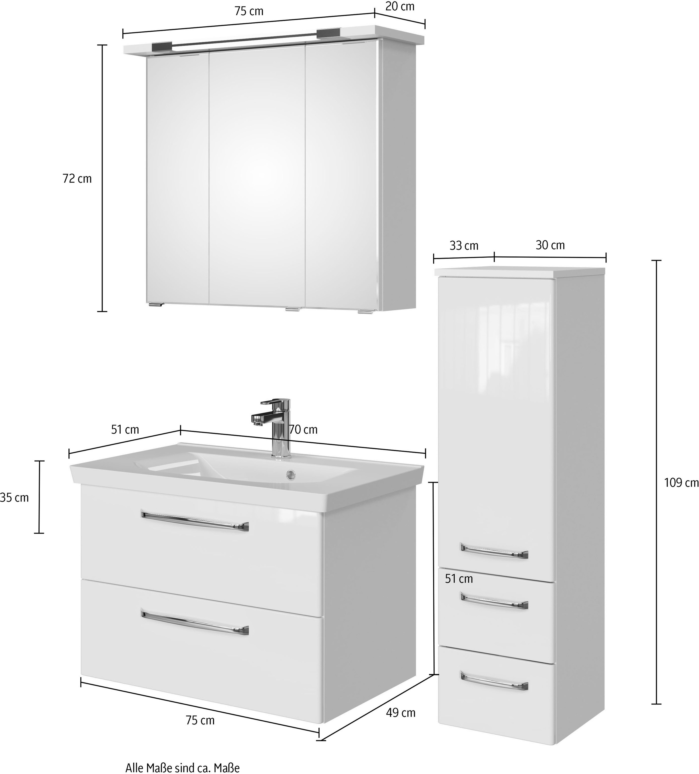 Saphir Badmöbel-Set »Badmöbel-Set Trentino 3-tlg Mineralmarmorwaschtisch,LED-Spiegelschrank«, (4 St.), Badezimmer-Set mit Midischrank inkl. Türdämpfer