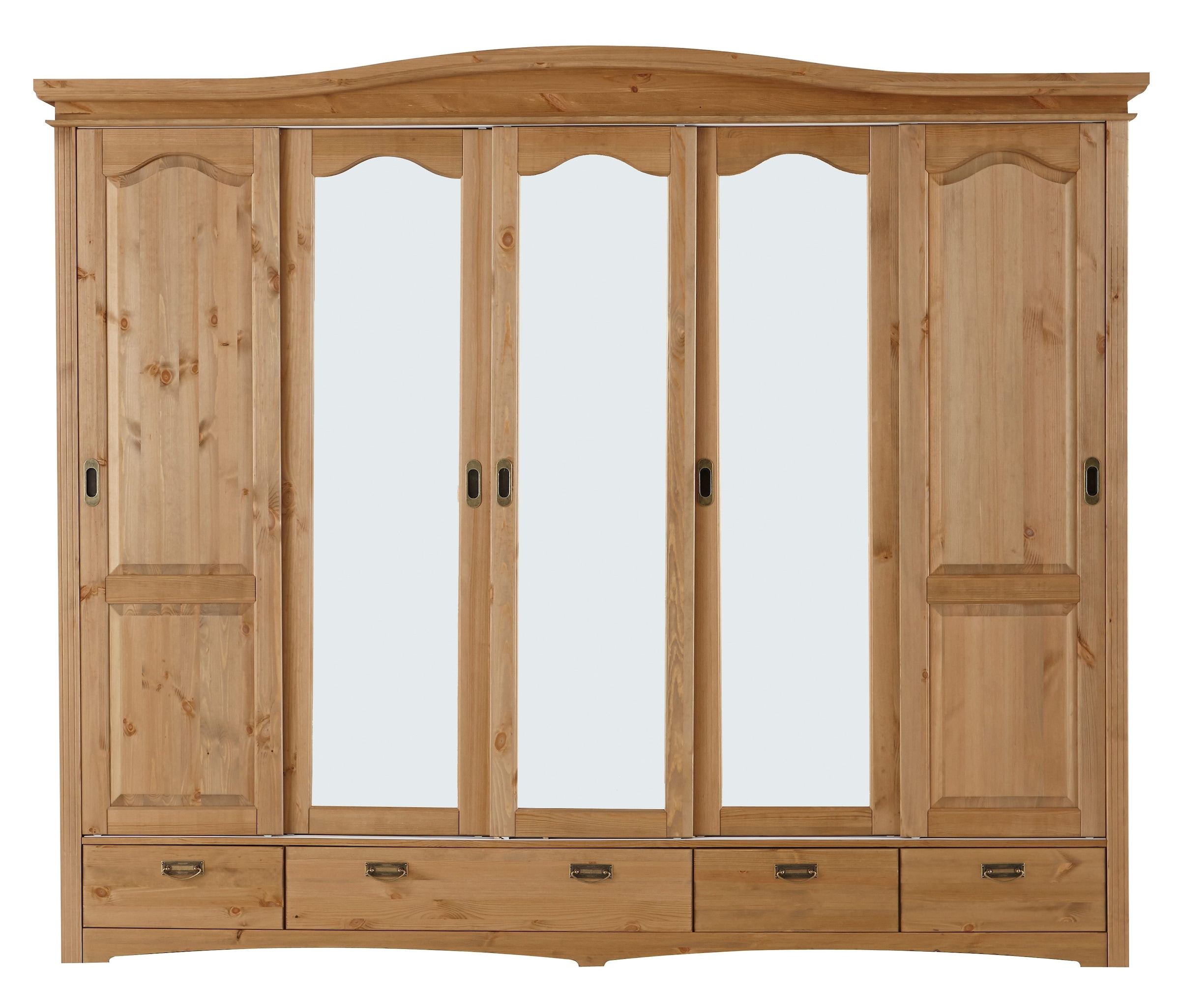 Home affaire Schiebetürenschrank »Konrad, Landhausstil, rustikal, mit Schubladen + Spiegel, Kassetten«, (3 Breiten: 153/202/249 cm H/T ca.207/64 cm), massive Kiefer, FSC®-zertifiziert, Messinggriffe, mehrere Varianten