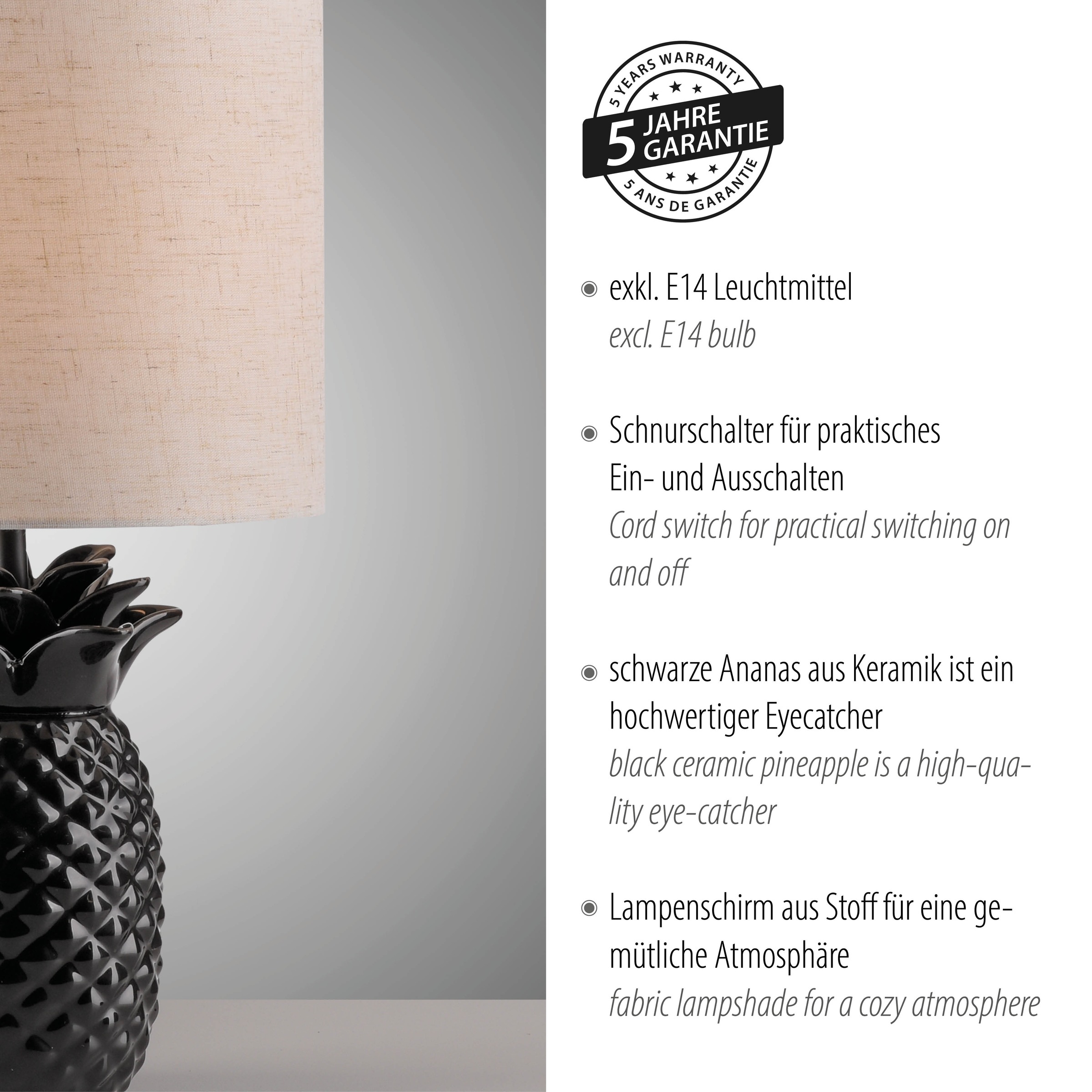 Leonique Tischleuchte »Tenille - Tischlampe im Ananas Design«, 1 flammig, Leuchtmittel E14 | ohne Leuchtmittel, Leinenschirm, Ananas, Pineapple, schwarz, E14