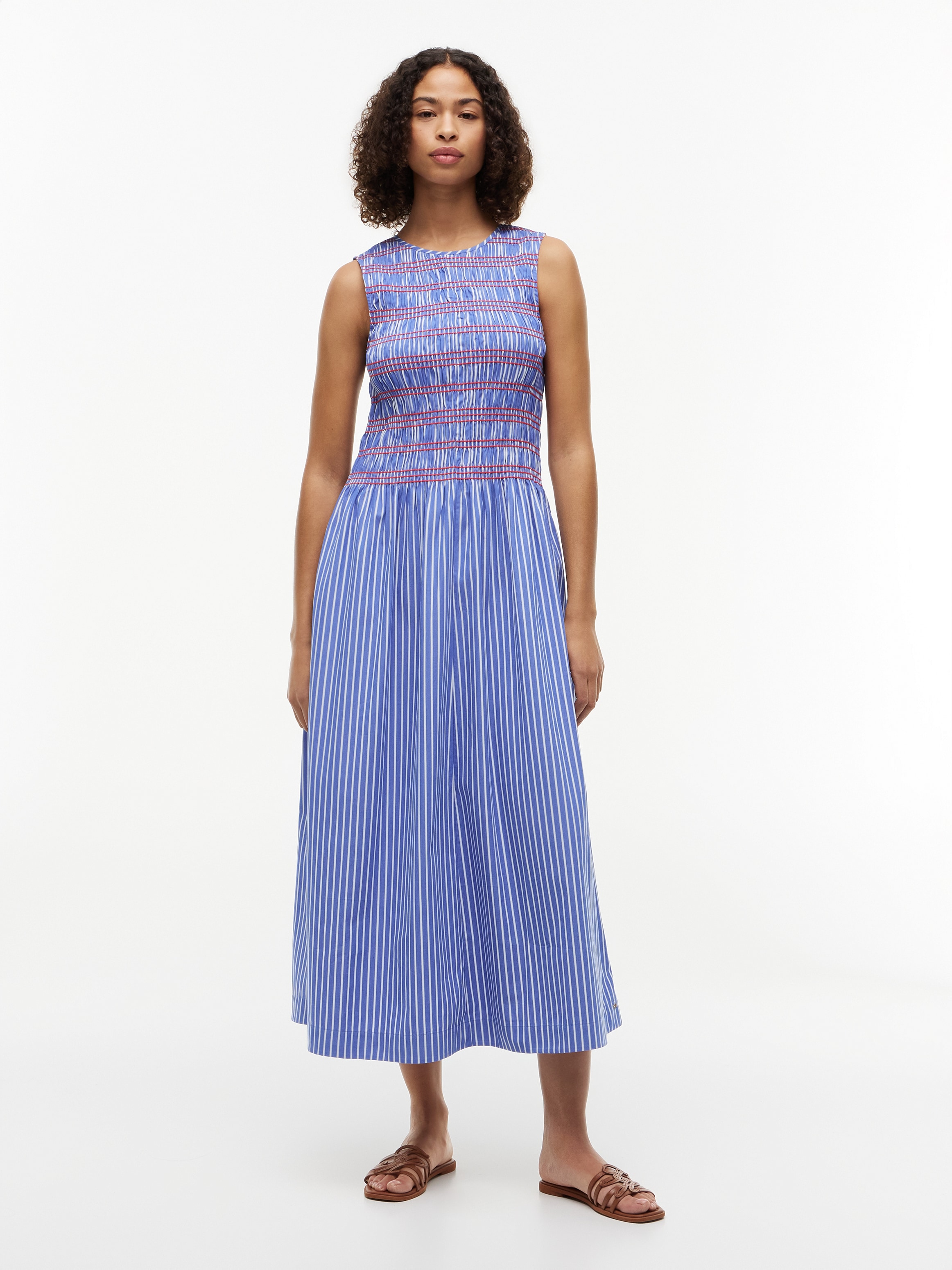 Tommy Hilfiger Smokkleid "SMOCKING STRIPE NS MIDI DRESS" Ohne Tasche Baumwolle, wadenlang, gesmoktes Oberteil
