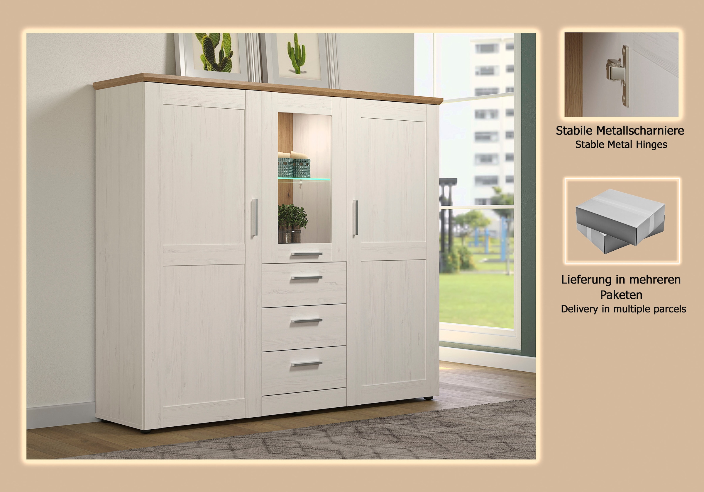 Home affaire Highboard »Nybro« Vitrine, wechselseitig montierbarer Türanschlag, Breite 159 cm