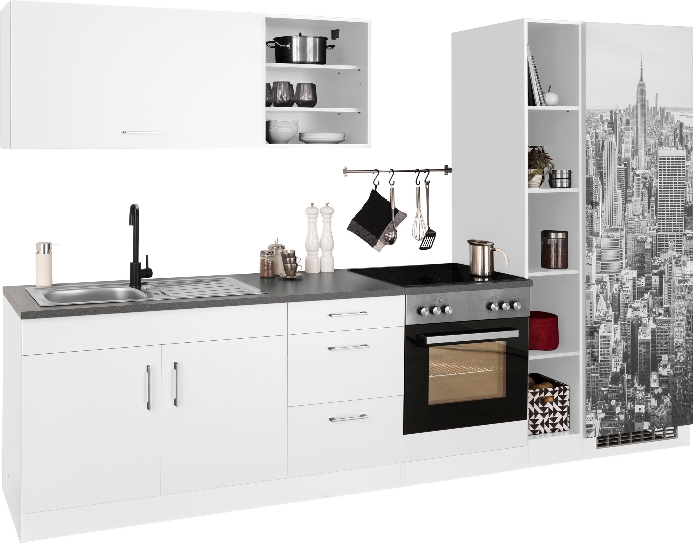 KOCHSTATION Küchenzeile »KS-Paris – Küchen mit einzigartigen Fotomotiven auf den Fronten« Breite 300 cm, wahlweise mit E-Geräten, mit Motivdruck
