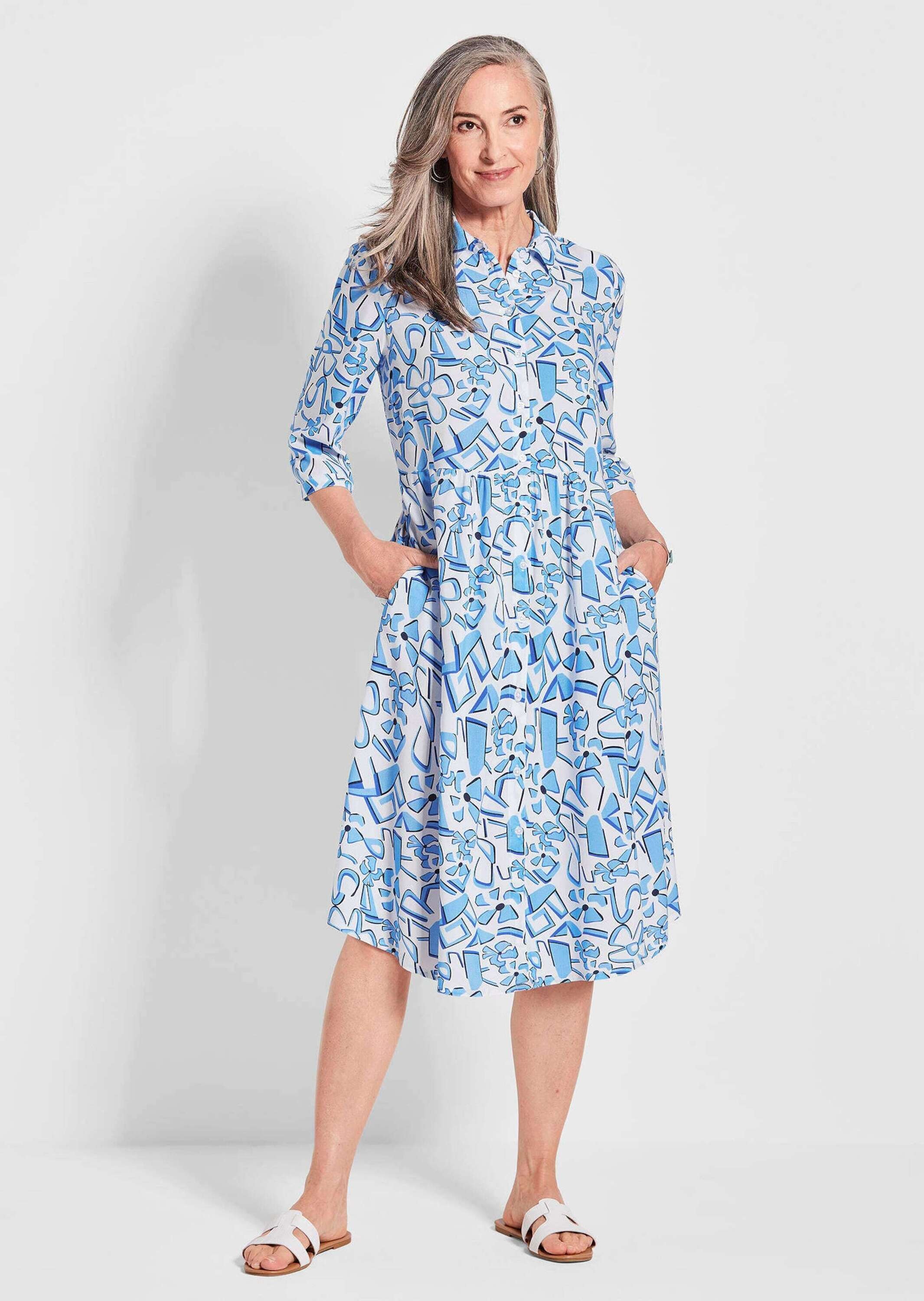 GOLDNER Sommerkleid »Kurzgröße Grafisches Hemdblusenkleid mit Taschen«