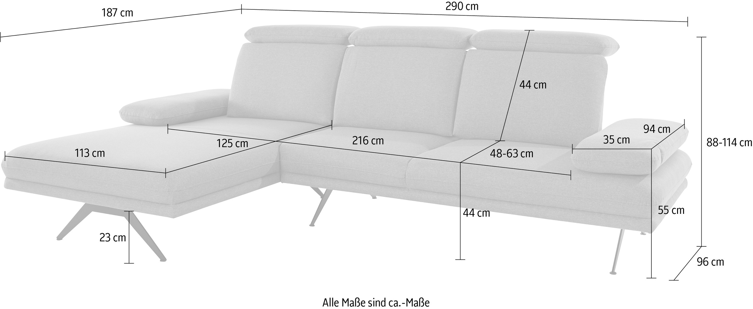 INOSIGN Ecksofa »Trivento L-Form«, Armteil und Kopfteil-Verstellung, Bogenfuß, B/T/H: 290/187/88 cm