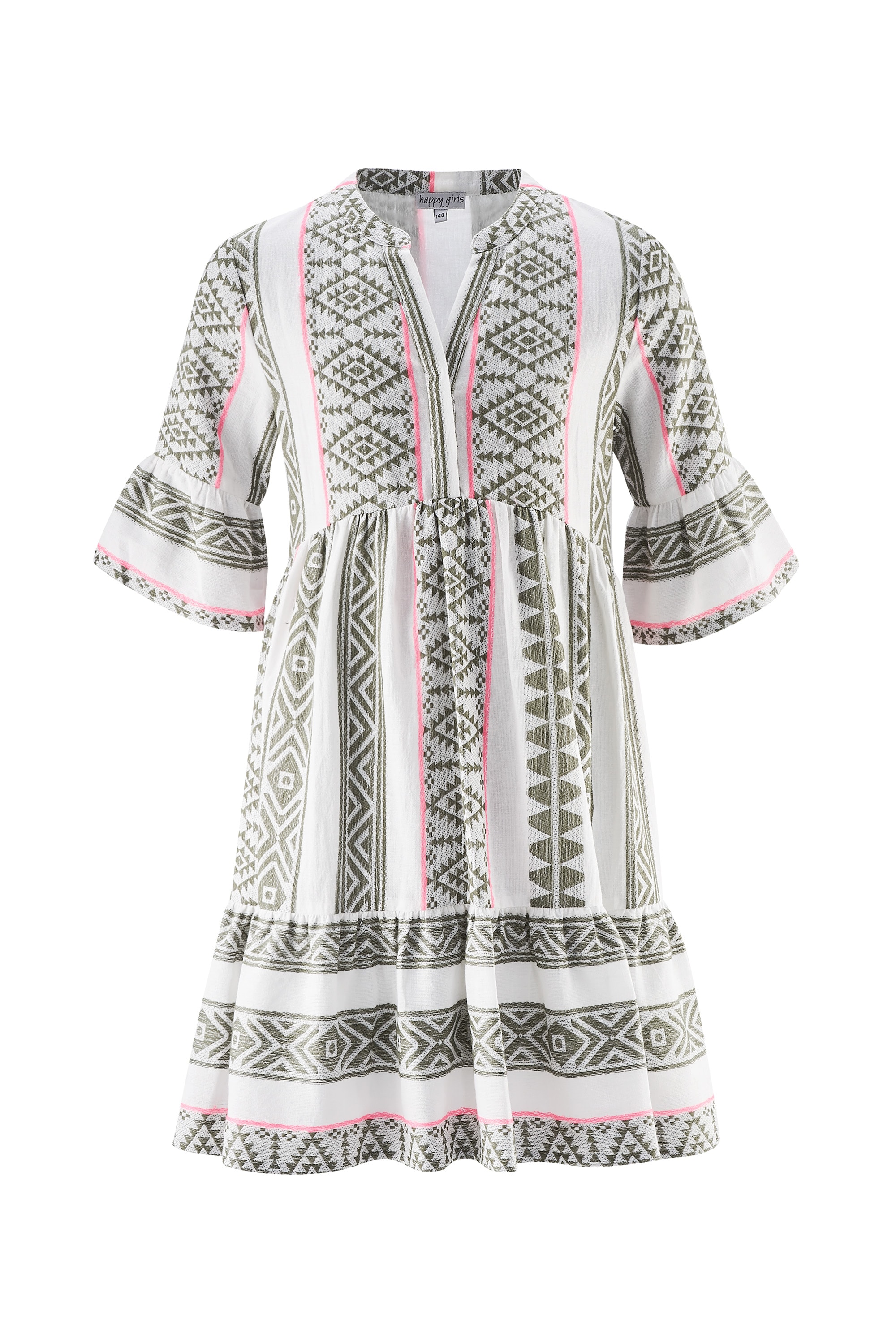 HAPPY GIRLS Mädchen Tunikakleid, grün, Gr. 152, ethno, gemustert, Web, Obermaterial: 100% Viskose. Futter: 100% Baumwolle, Kleider, mit Volants und