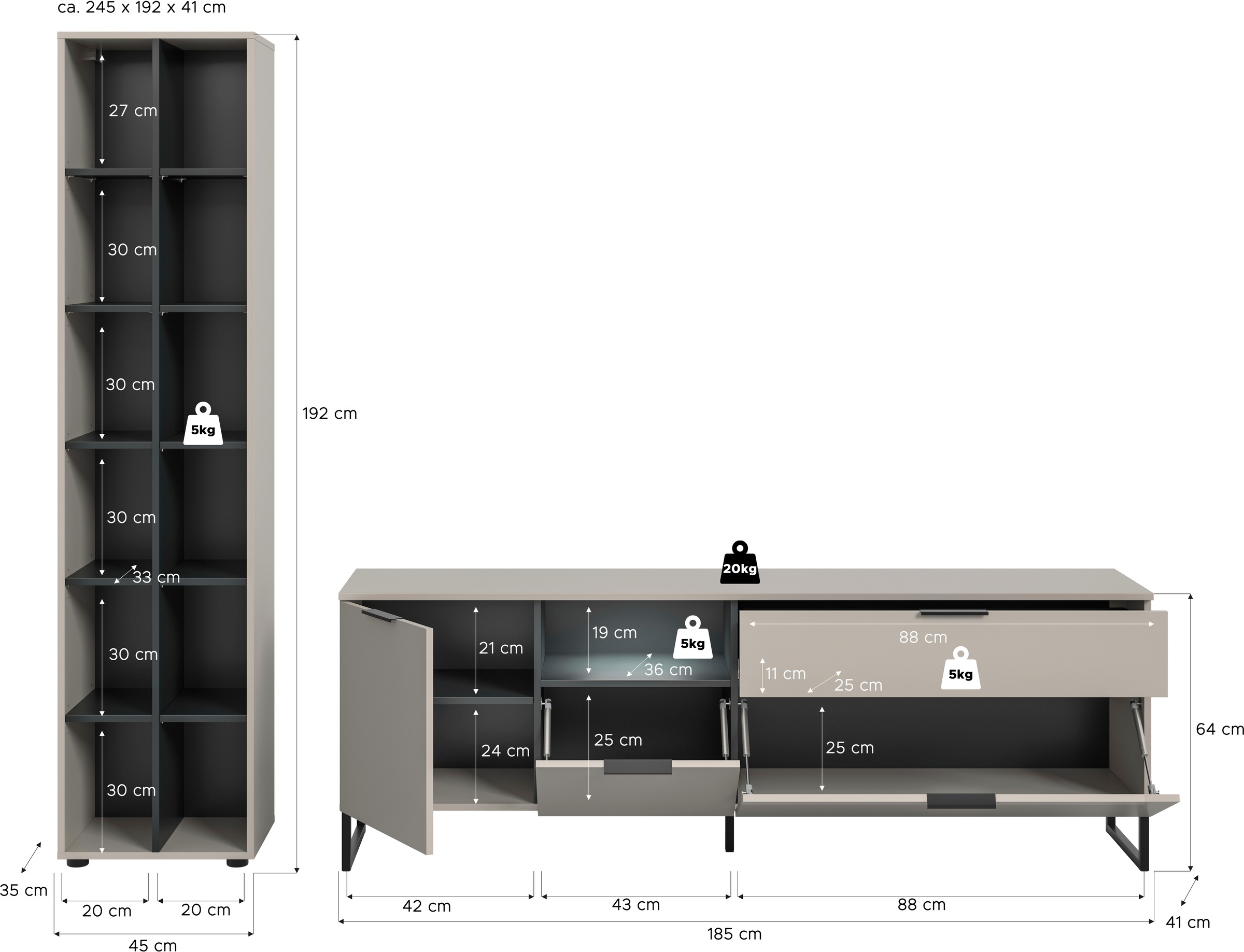 INOSIGN Wohnwand »Adio, Wohnkombination, 245 cm Breit«, (Set, 4 St.), Adio, Wohnkombination Kashmir NB, Regal, Lowboard inkl Beleuchtung