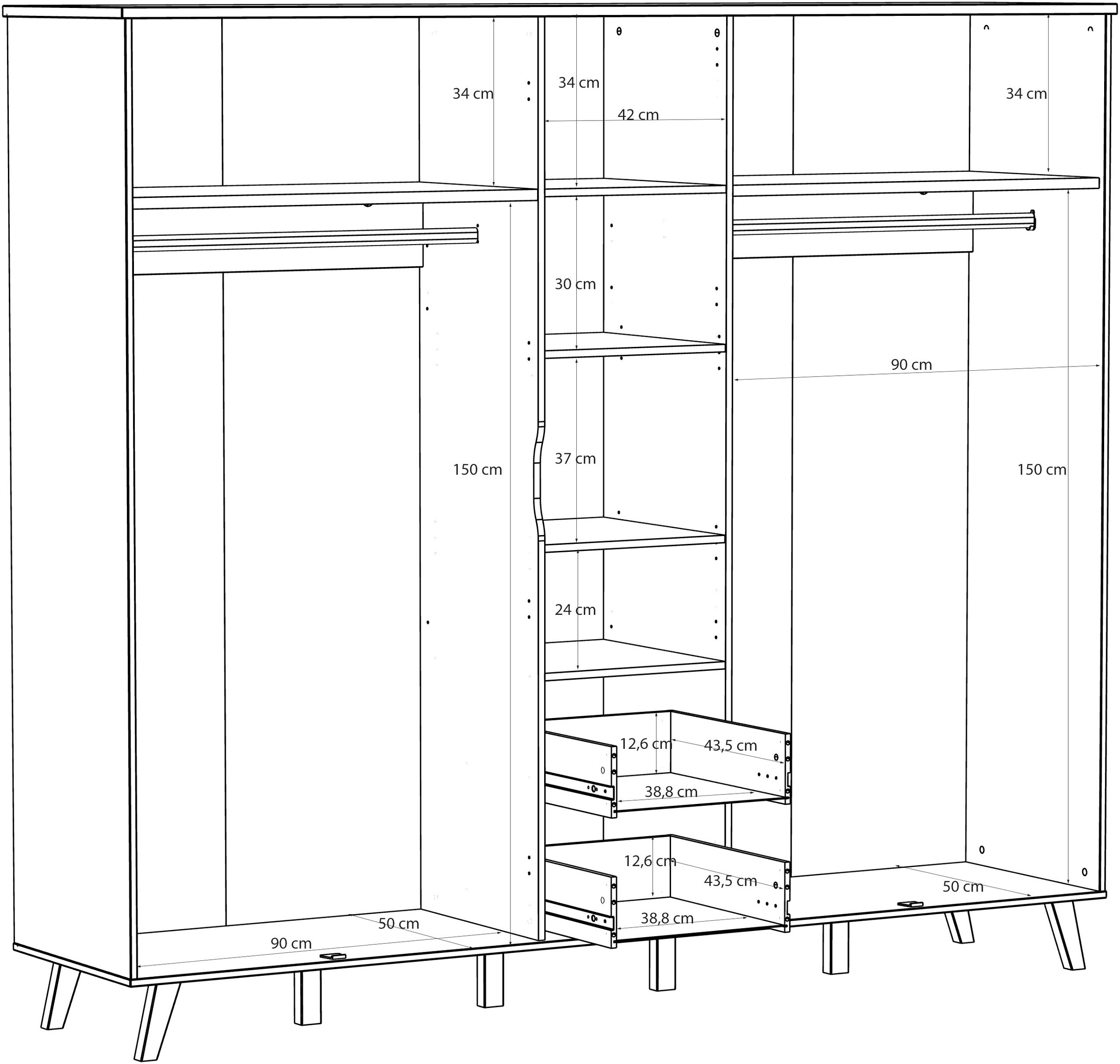 FORTE Kleiderschrank »Vankka, Drehtürenschrank, Viel Stauraum, skandinavischer Stil« Made in Europe, mit Einlegeböden+Kleiderstangen+Schubladen,grifflos
