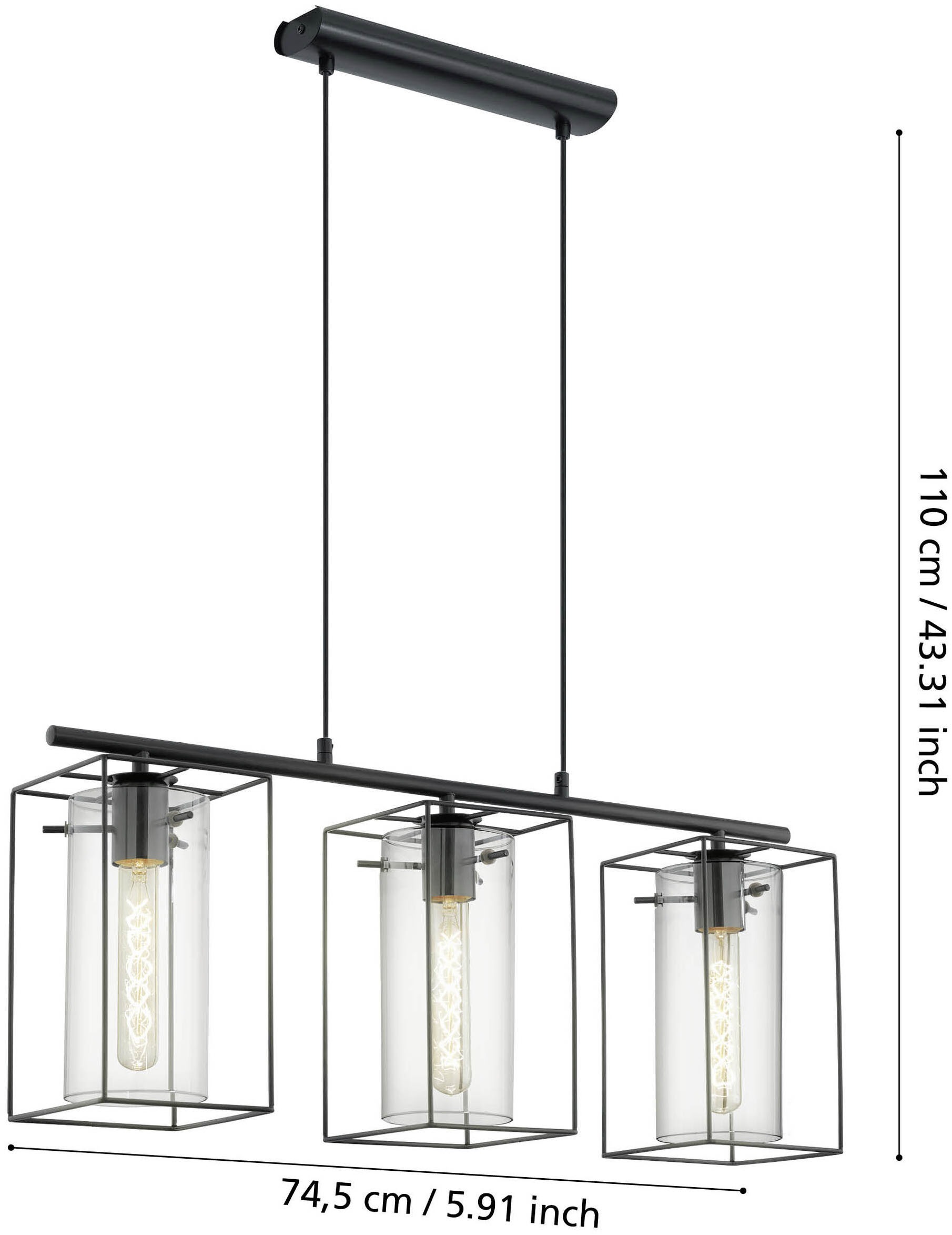 EGLO Hängeleuchte »LONCINO Pendellampe - Stahl - E27 - 3X60W - IP20« E27 1 Stk. Hängelampe, Deckenlampe, Wohnzimmer, Esszimmer, L74,5 x B15 x H110 cm