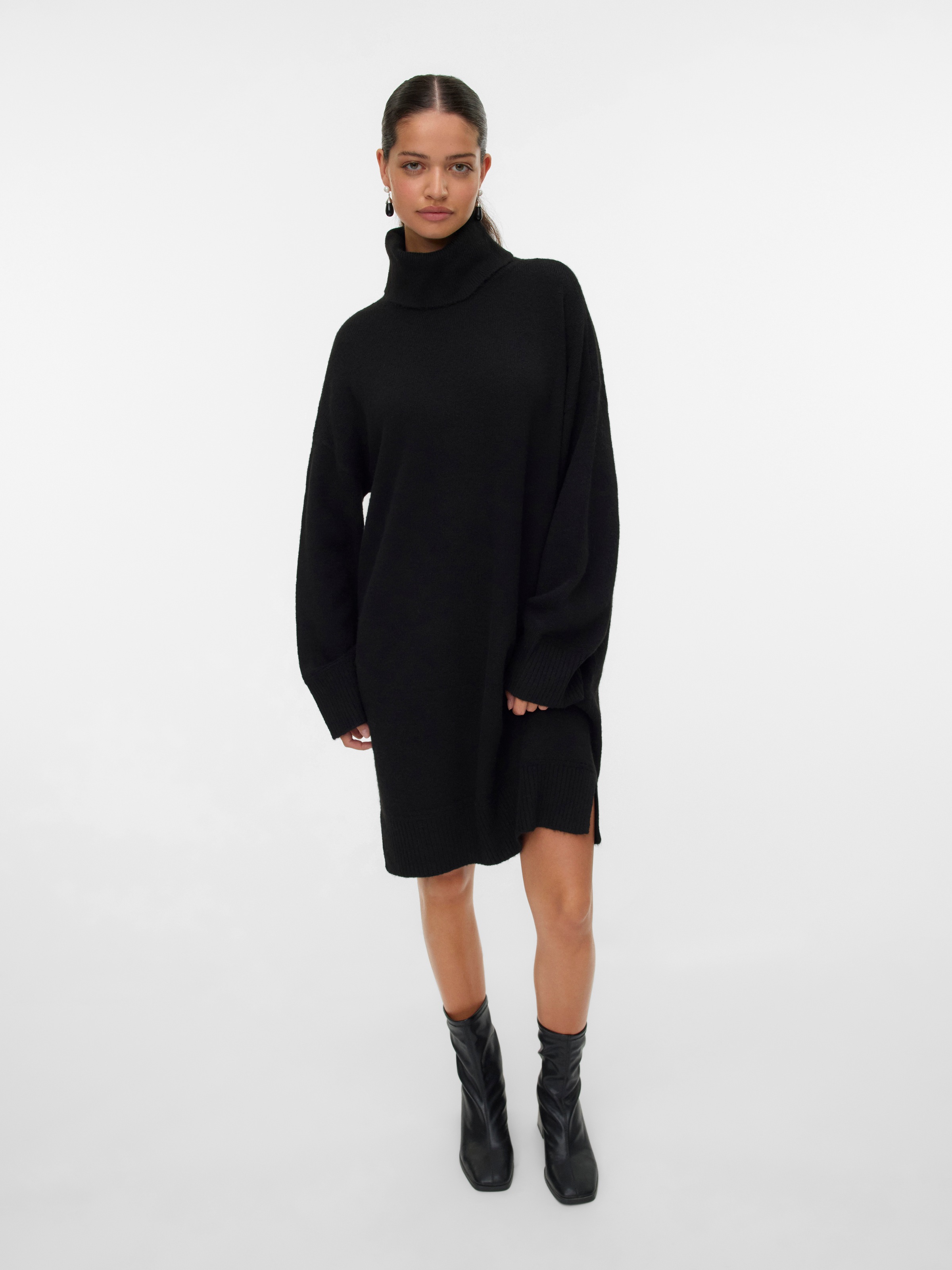 Strickkleid VERO MODA "VMAQUARIUS LS ROLLNECK SHORT DRESS BF", Damen, Gr. M, N-Gr, schwarz, Strick, Obermaterial: 65% Polyester, 13% Nylon, 13% Polyacryl, 6% Wolle, 3% Elasthan, unifarben, regular fit kurz, Rippstrickbündchen, Kleider Strickkleid 3