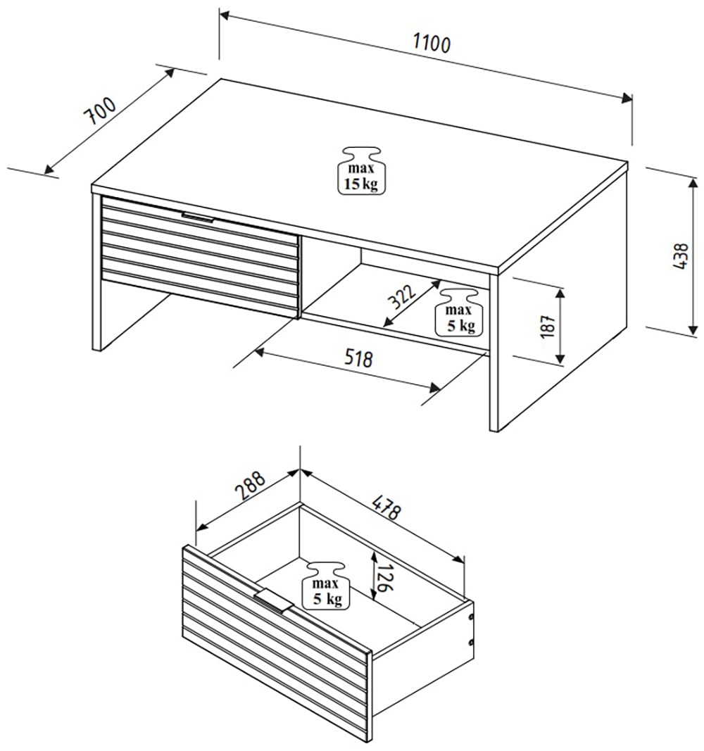 Innostyle Couchtisch »INA Couchtisch, 110 x 44 x 65 cm (B/H/T)«, (1 St.), 2 Schubladen, 2 offene Fächer
