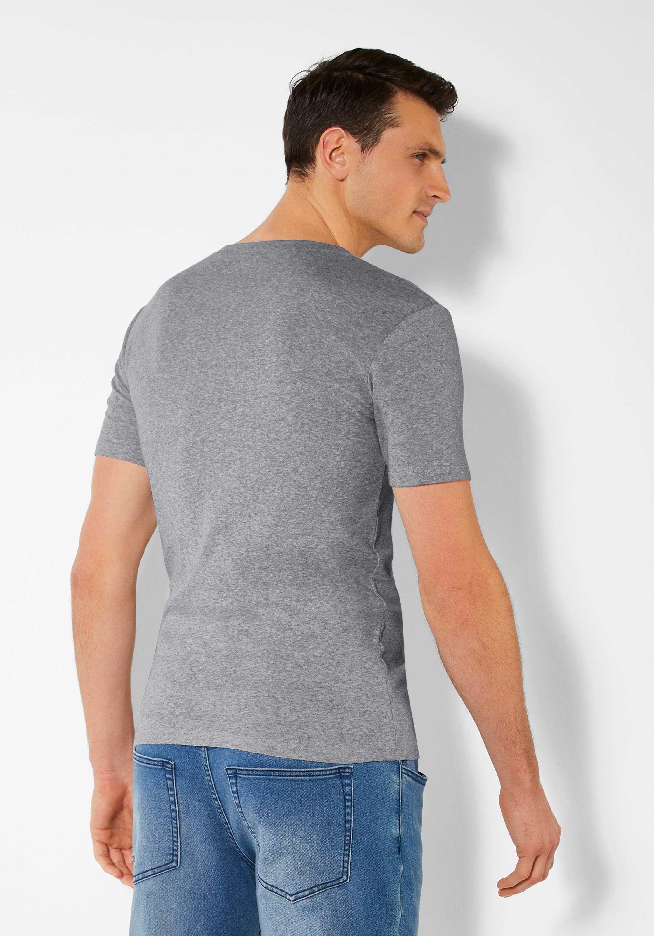 T-Shirt H.I.S, Herren, Gr. S, grau (grau, meliert), Feinripp, Obermaterial: 100% Baumwolle, meliert, Basic, körpernah normal, Rundhals, abgesteppte Kante, Shirts T-Shirt, mit aufwendiger Knopfleiste, perfekt als Unterziehshirt 3