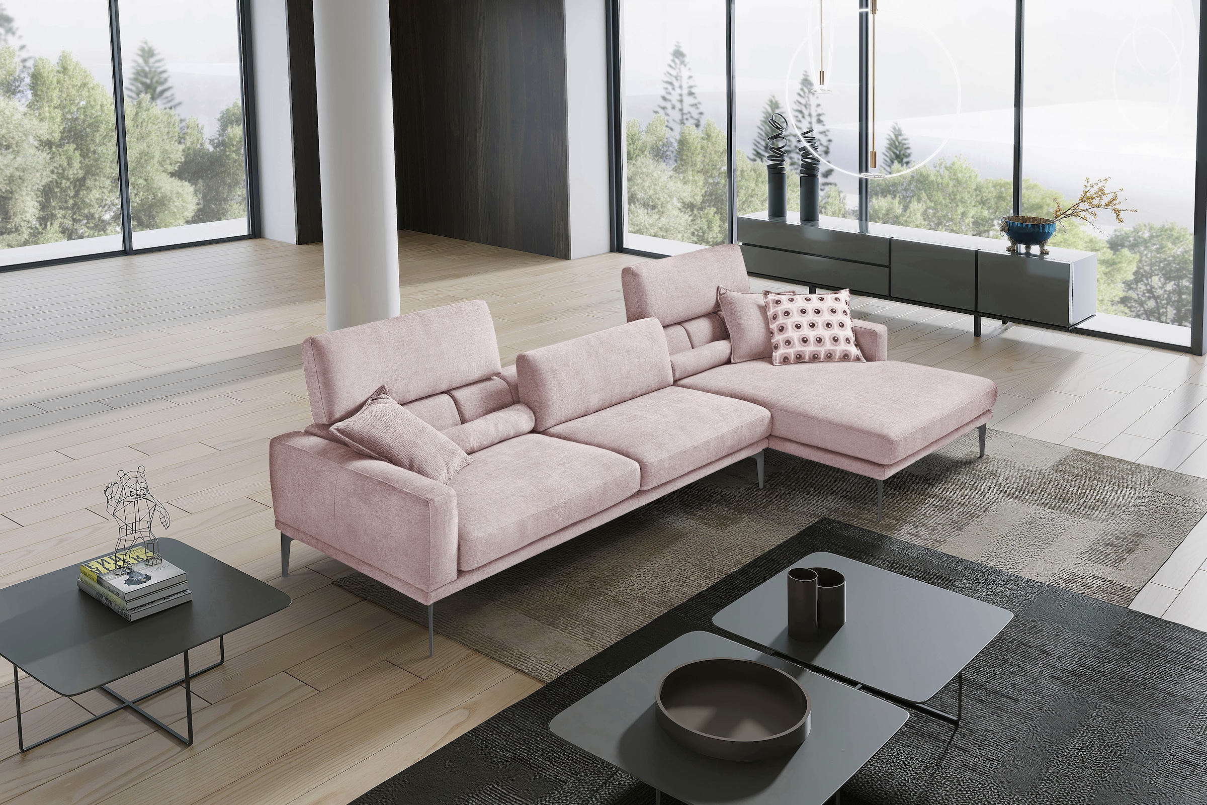 Egoitaliano Ecksofa "Masu, Design trifft sensationellen Sitzkomfort, Breite 277cm, L-Form" inkl. 2 Kissenrollen, Rückenelemente manuell verstellbar, Metallfüße