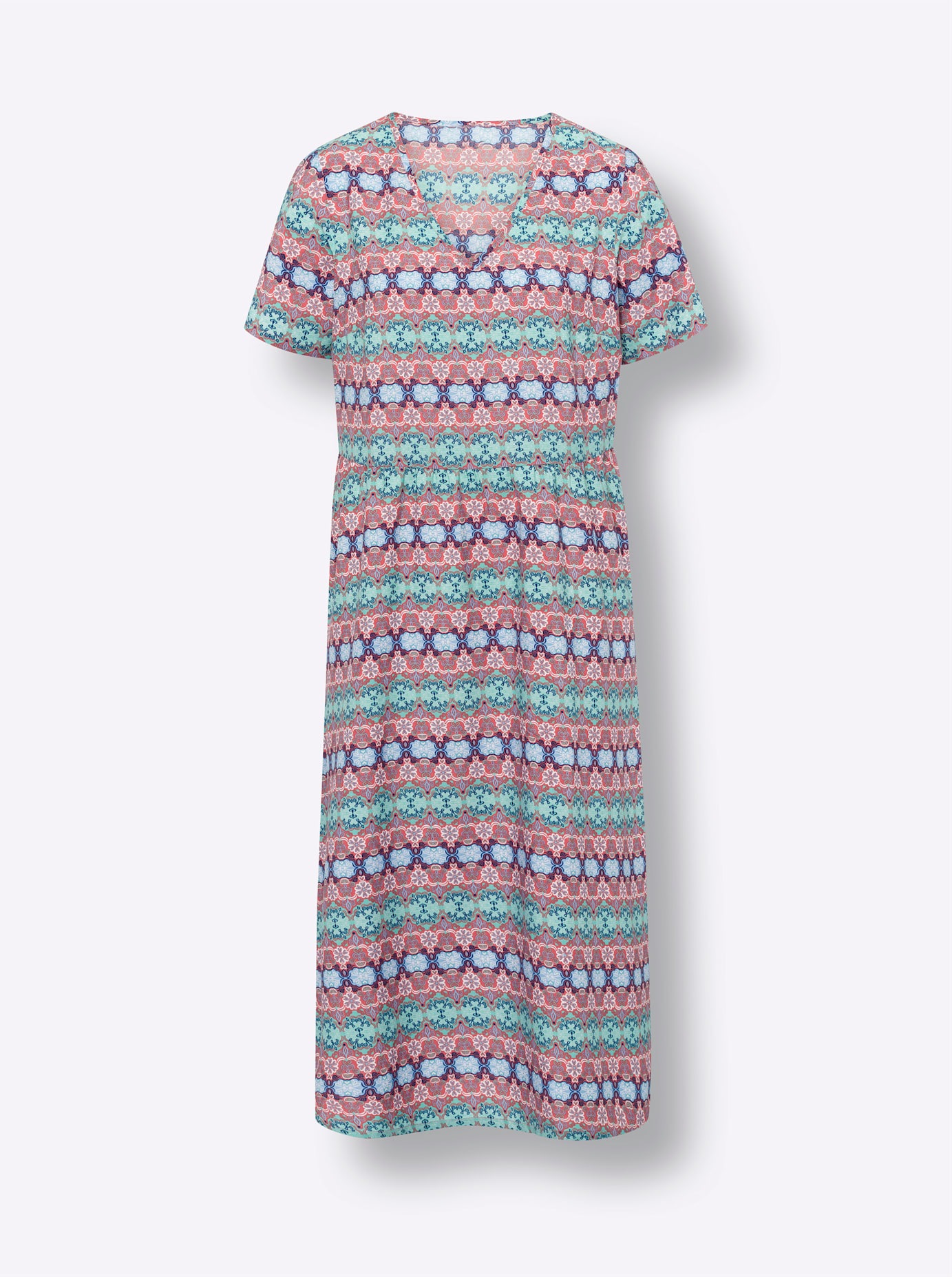 Sommerkleid CLASSIC BASICS "Kleid", Damen, Gr. 44, Normalgrößen, aqua, grapefruit, bedruckt, 100% Polyester, gemustert, mehrfarbig, wadenlang, V-Ausschnitt, Kleider Sommerkleid 3
