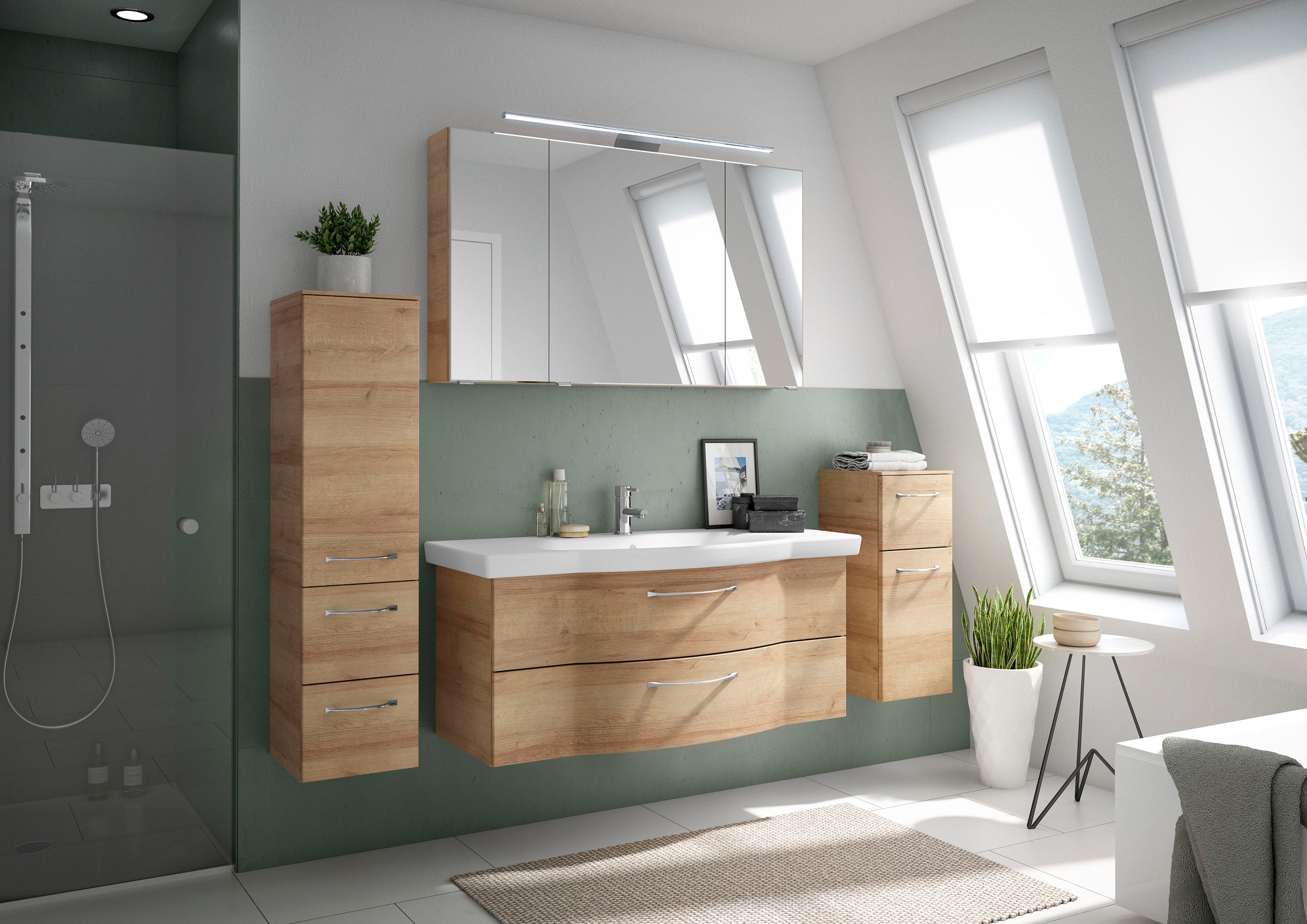 Saphir Badmöbel-Set »6005 Sprint 4-teilig, Keramik-Waschtisch mit LED-Spiegelschrank«, (5 St.), Unterschrank, Midischrank, inkl. Türdämpfer, 5 Türen, 5 Schubladen