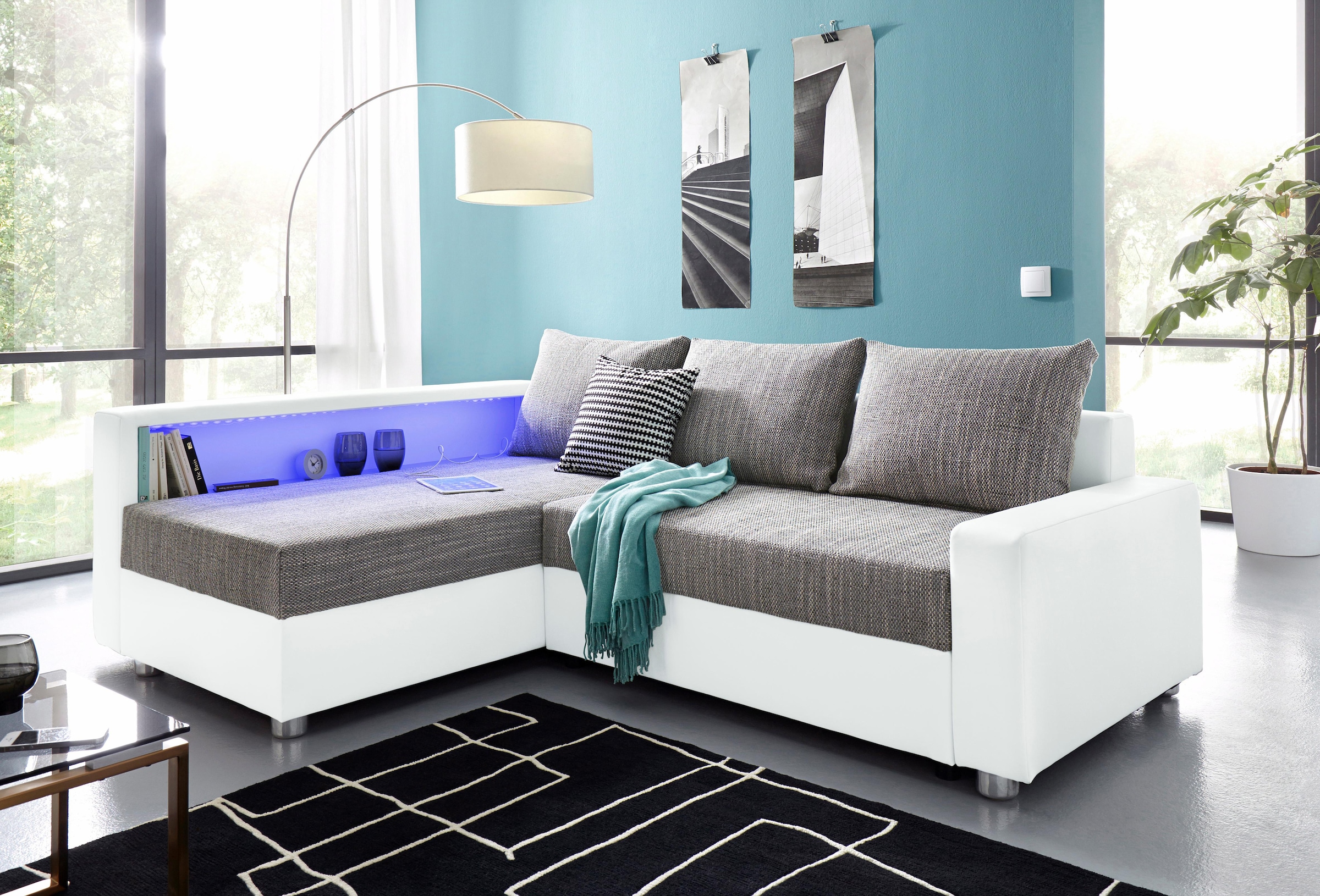 COLLECTION AB "Relax L-Form, B: 223 cm" Schlaffunktion, Bettkasten, Regal & 1 Zierkissen, optional Licht