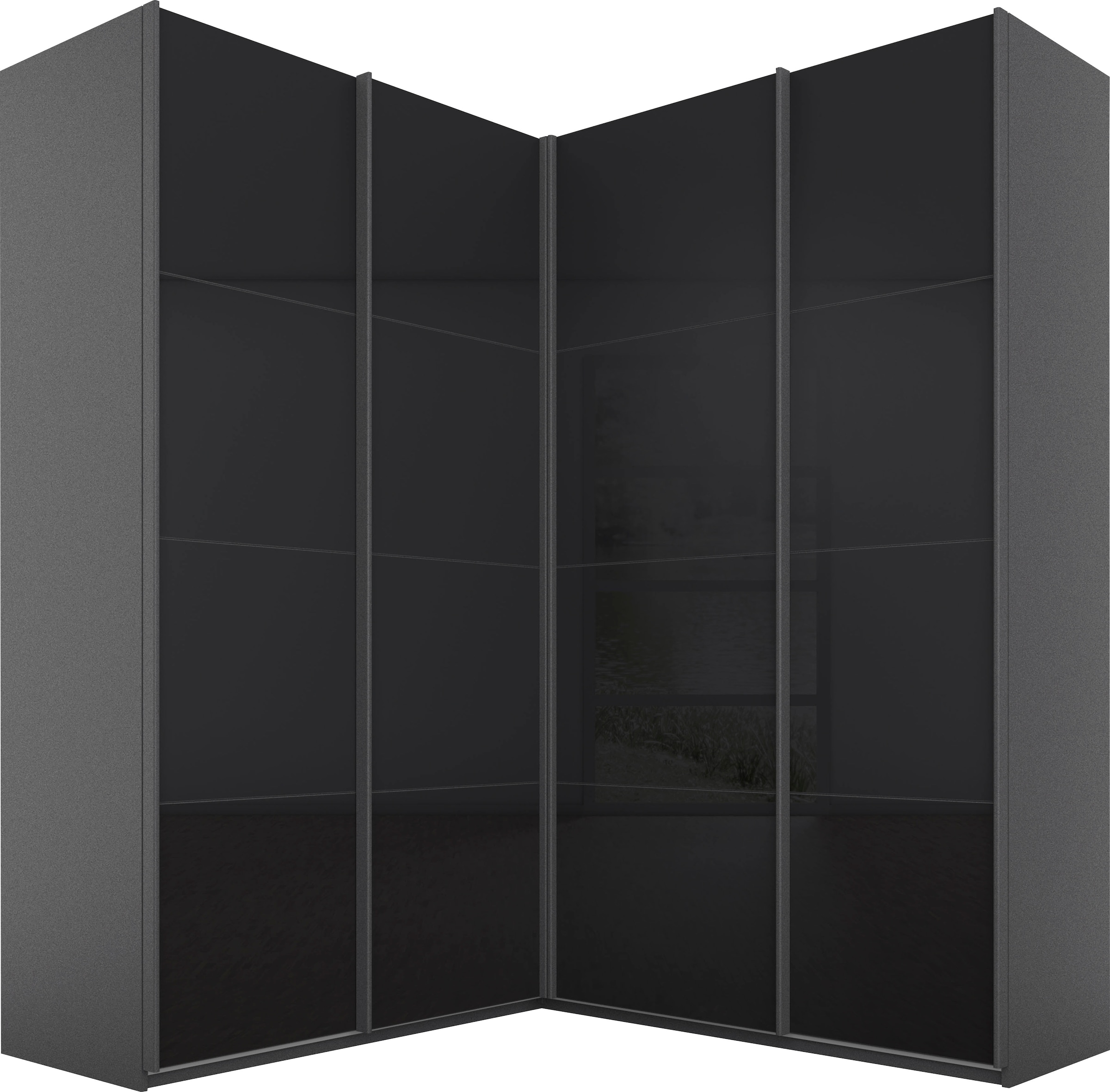 rauch Schwebetürenschrank "Kleiderschrank Garderobe Eckkleiderschrank QUADRA mit edler Glasfront" Maß 181x187 cm, Höhen 210/229 cm, inkl. Soft-Close-Funktion, extra großer Eckschrank inkl. Schubladeneinsatz MADE IN GERMANY