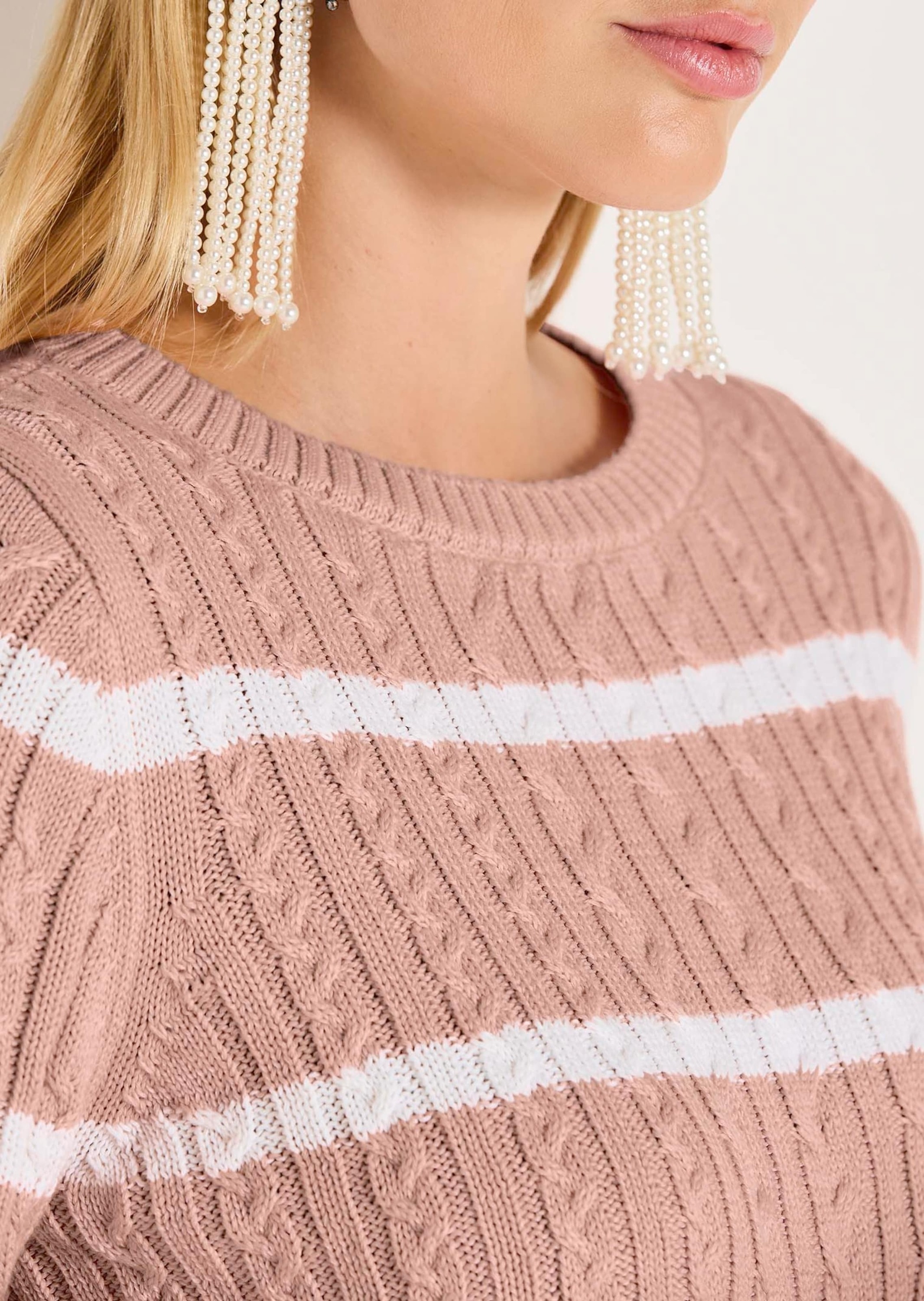 MADELEINE Longpullover »Strickpullover Moderner Baumwollpullover mit Zopfmuster und Ringel-Design« Kontraststreifen