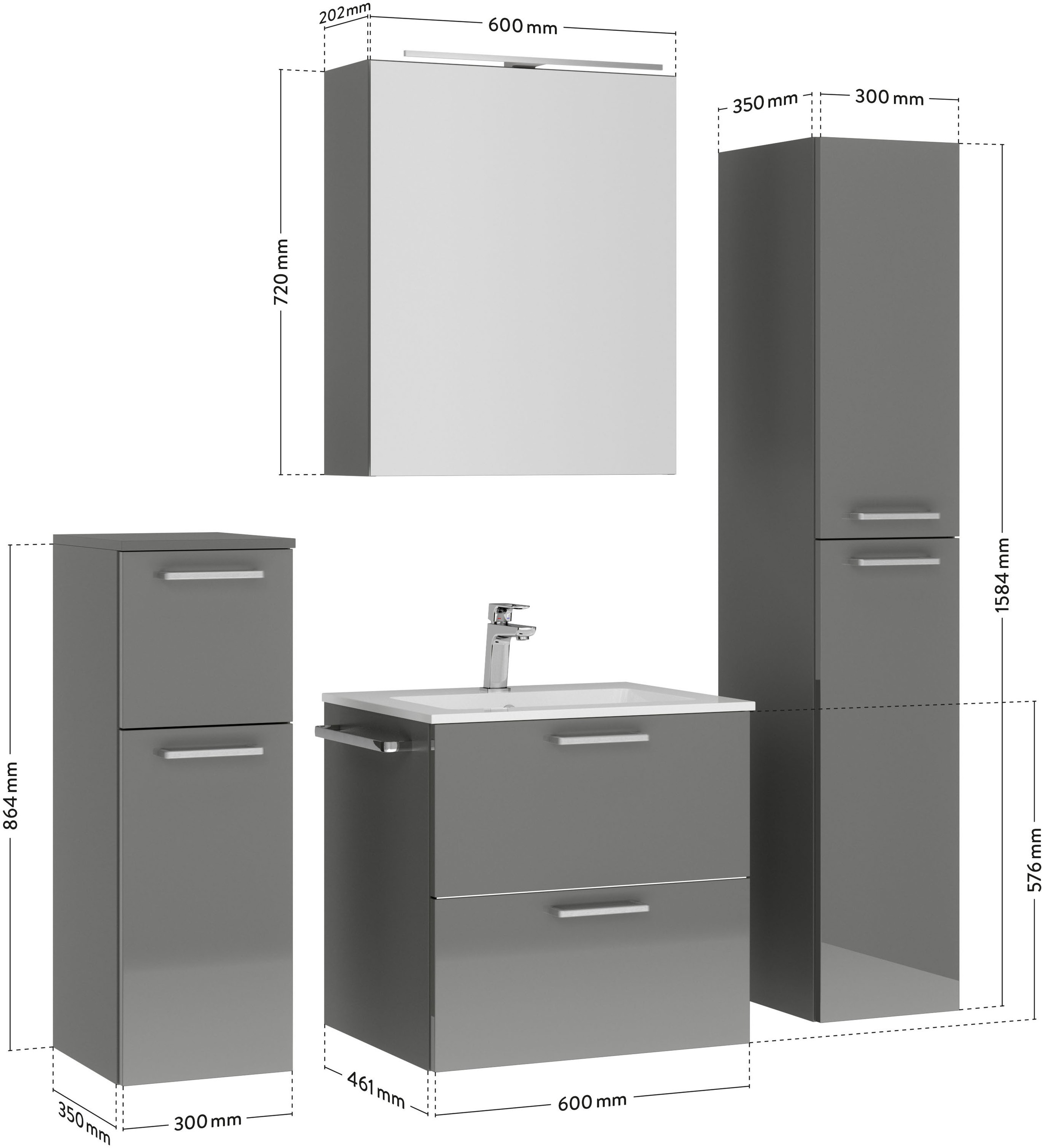 nobilia® Badmöbel-Set »Tolvina«, (4 St., vormontiert, mit Soft-Close), inkl. Spiegelschrank mit Beleuchtung und Dimmerfunktion, in 4 Breiten