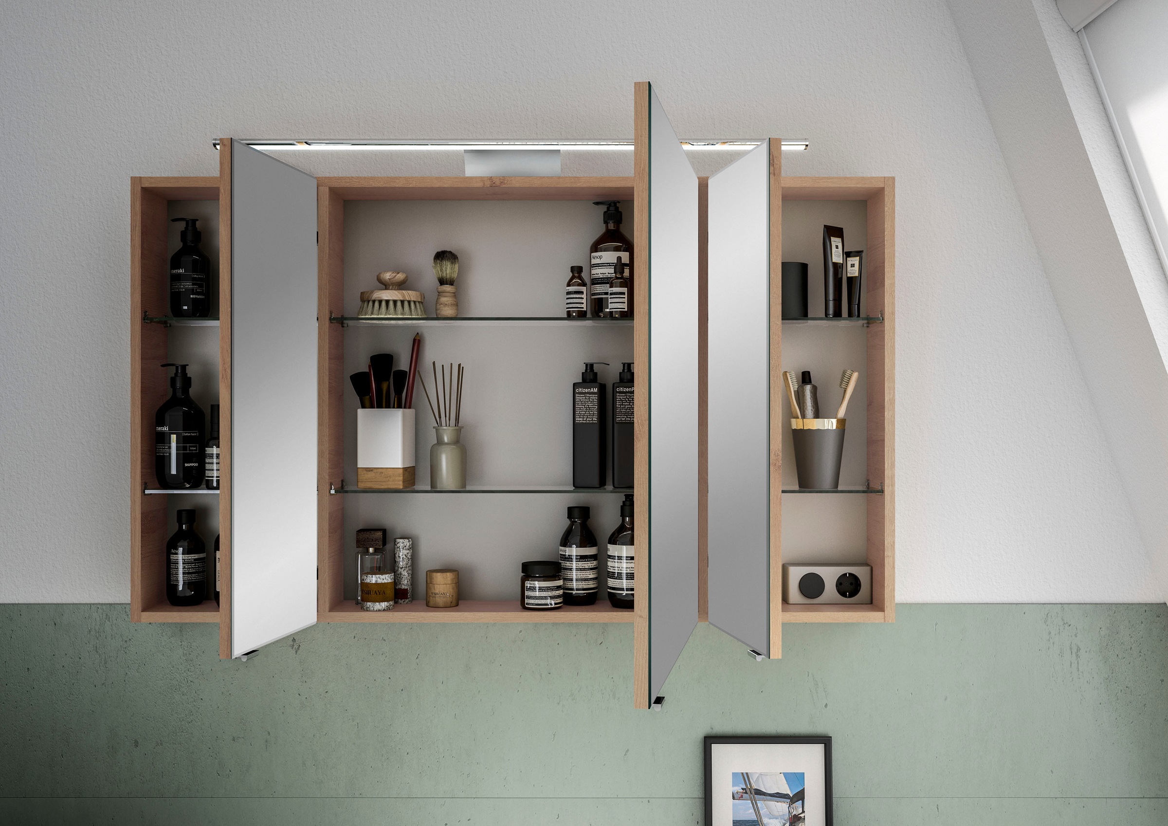 Saphir Badmöbel-Set »6005 Sprint 3-teilig, Keramik-Waschtisch mit LED-Spiegelschrank«, (4 St.), Midischrank, inkl. Türdämpfer, 4 Türen, 4 Schubladen, Bad-Set