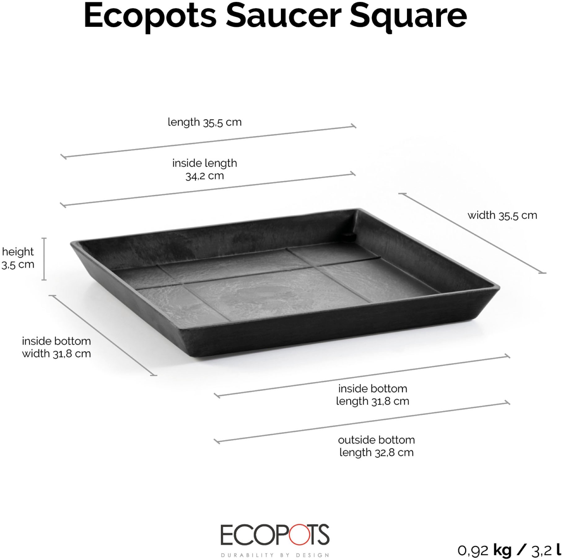ECOPOTS Blumentopfuntersetzer »SQUARE SAUCER Dark Grey« BxTxH: 35,5x35,5x3,5 cm