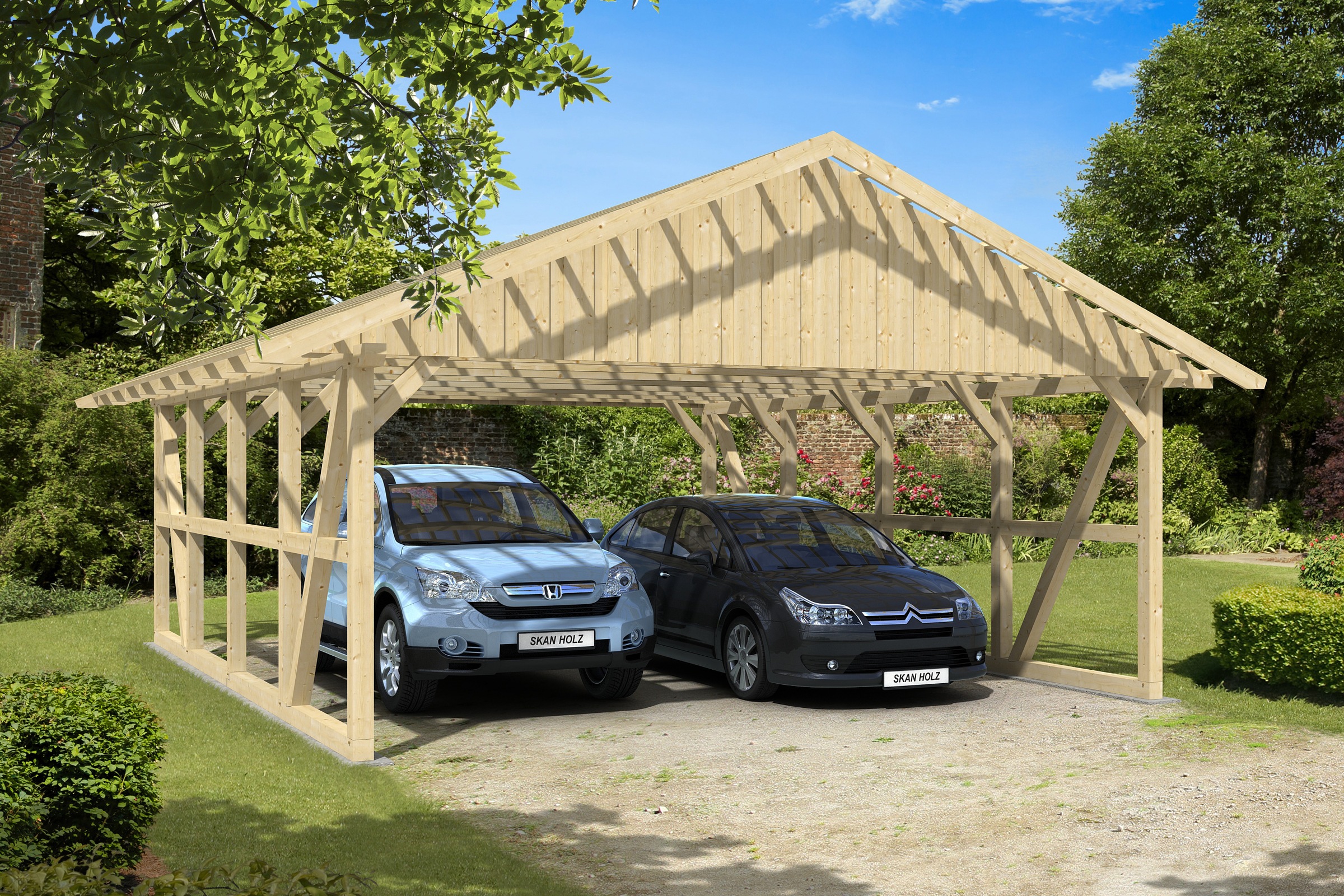 Skanholz Doppelcarport »Schwarzwald«, 560 cm, Natur, mit Dachlattung