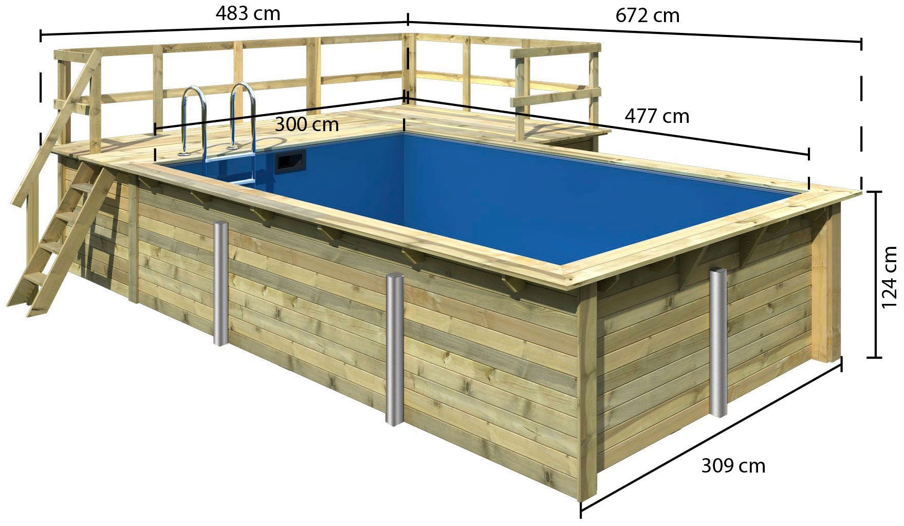 Karibu Rechteckpool »Malta B BxLxH: 353x530x124 cm mit Sonnendeck und Ecke«, (Set), 44 mm starke kesseldruckimprägnierte Holzbohlen aus Fichtenholz
