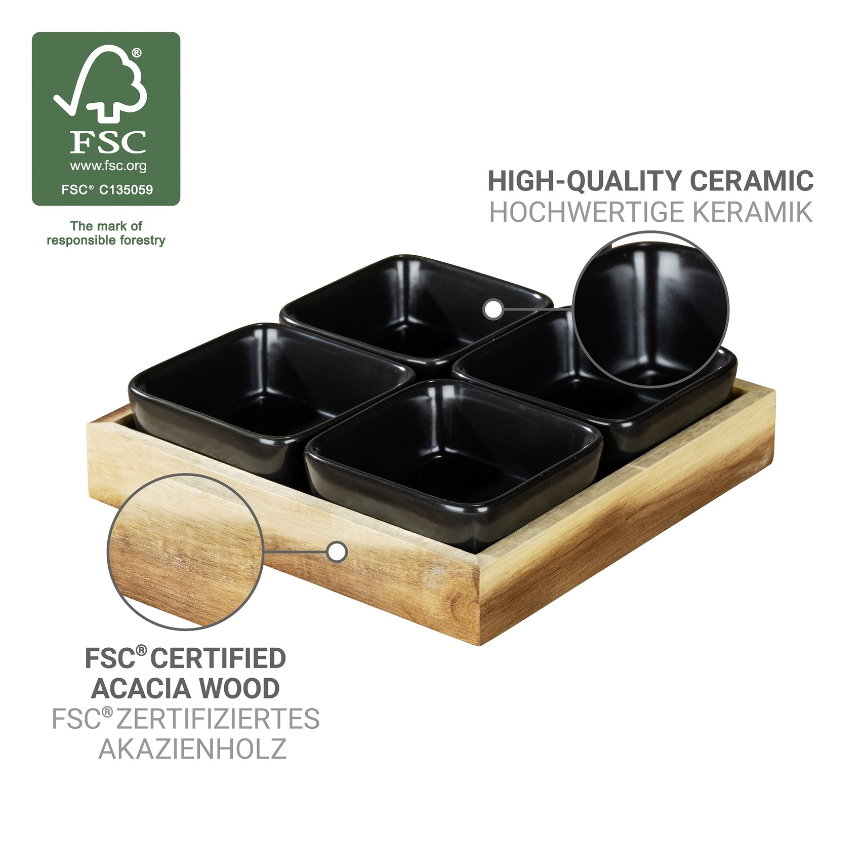 WENKO Dipschale »Modell Elo« 5 tlg. aus Massivholz Schale aus Keramik; Tablett aus Akazienholz