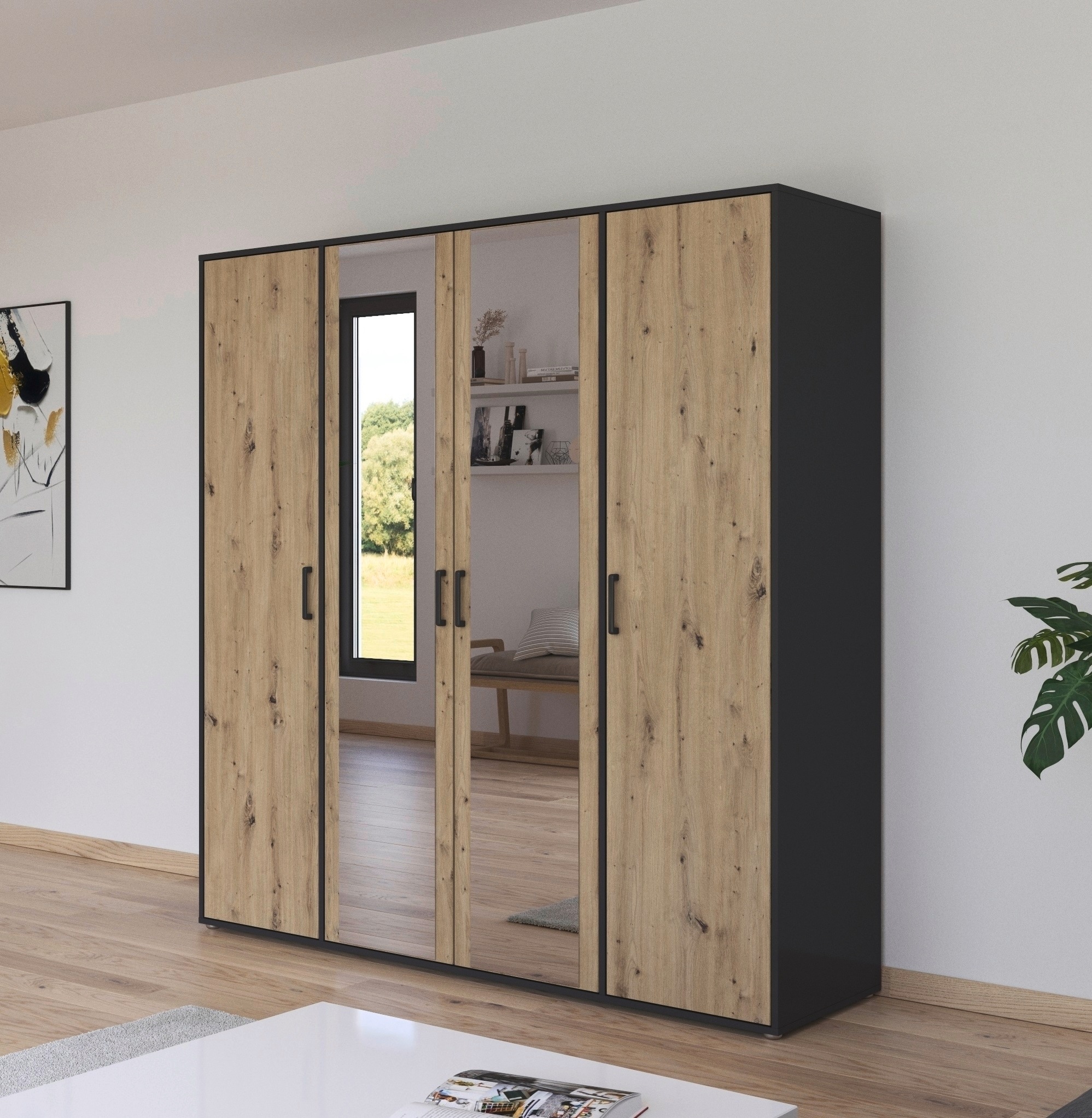 rauch Drehtürenschrank »Kleiderschrank Schrank Garderobe Wäscheschrank VOYAGER«, (in 3 verschiedenen Ausstattungen BASIC/CLASSIC/PREMIUM), mit modernen Griffen in Graumetallic und Spiegel