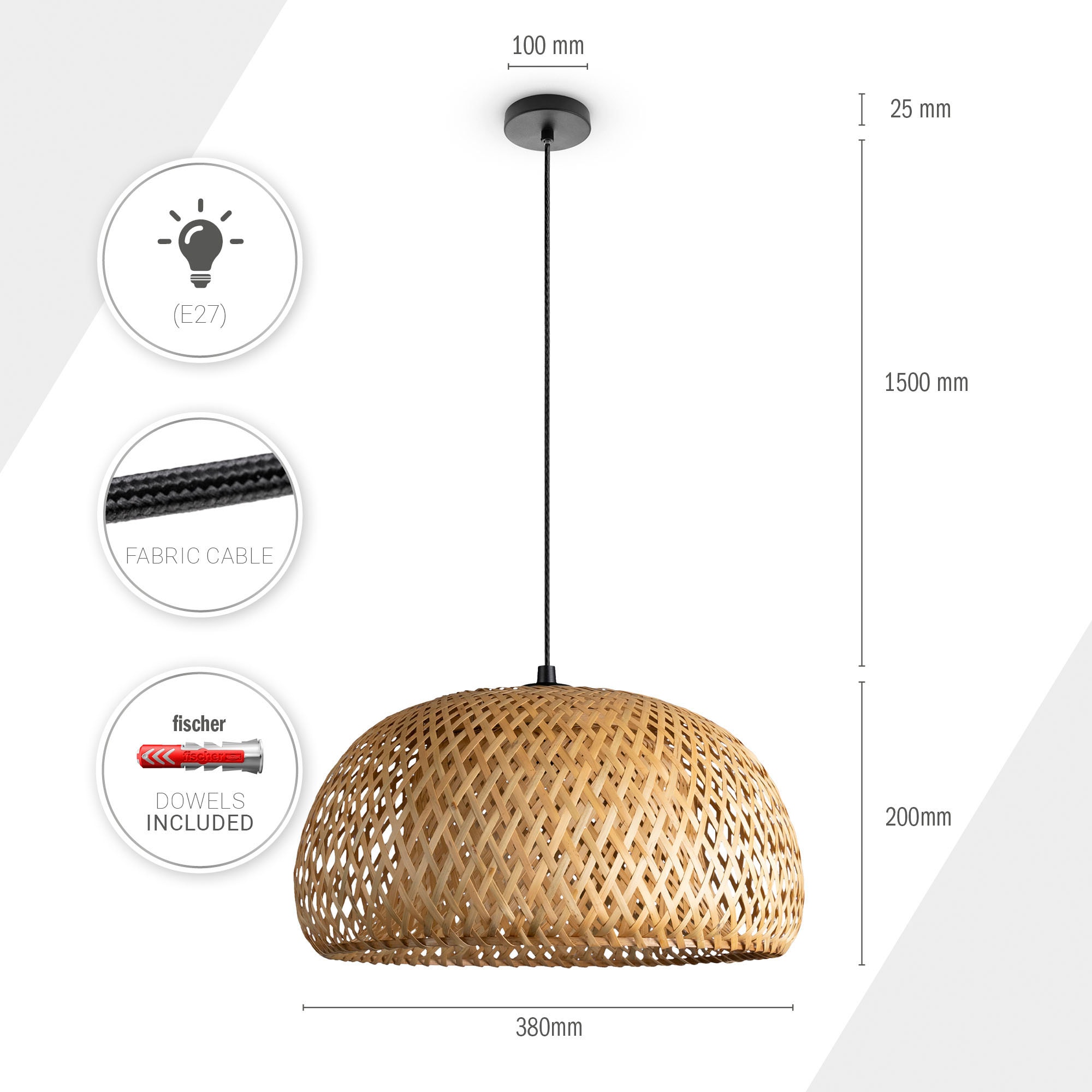 Paco Home Pendelleuchte »PESA«, Leuchtmittel E27 | ohne Leuchtmittel, Hängeleuchte Bambus Korblampen Boho Rattan Optik Natur E27