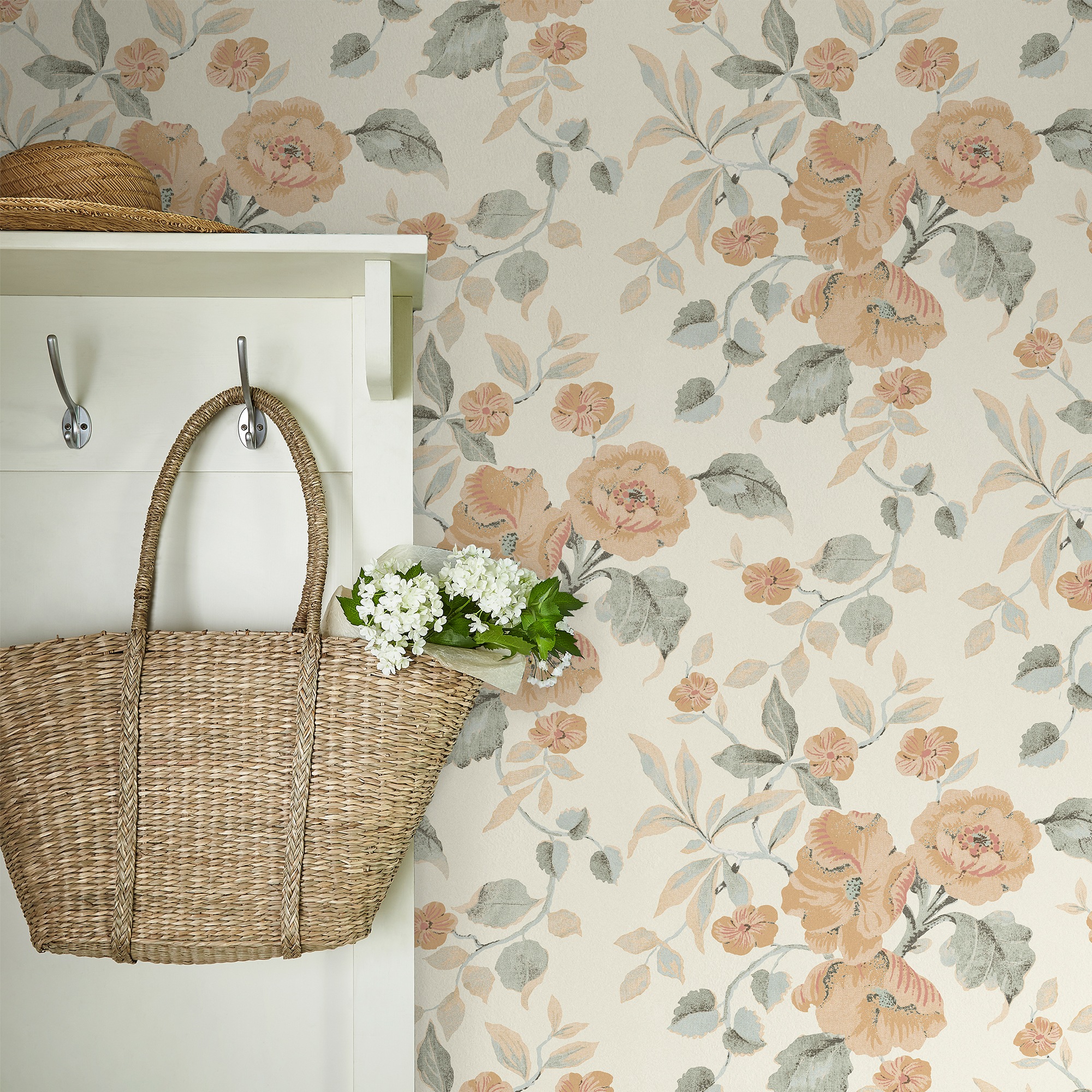 LAURA ASHLEY Vliestapete "Alyworth Trail Apricot" geblümt glatt 10mx52cm (ca. 5m2)