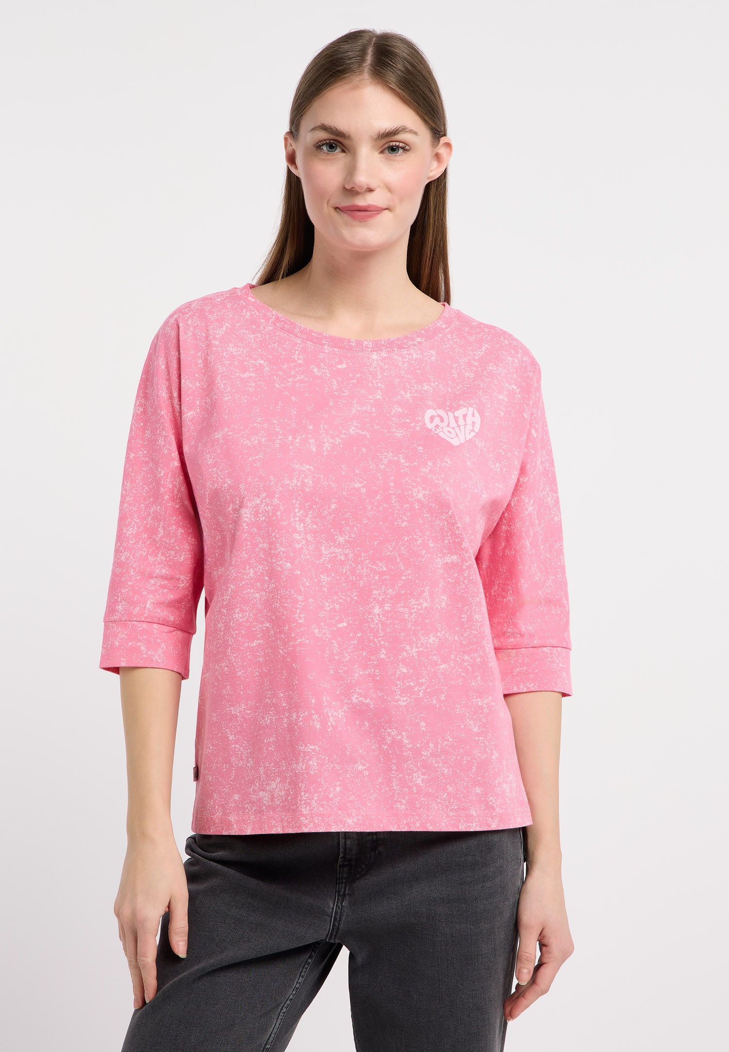 3/4-Arm-Shirt RAGWEAR "SHIMONA PRINT", Damen, Gr. S, pink, Jersey, Obermaterial: 100% Baumwolle, bedruckt, washed, normal, Rundhals, Shirts 3/4-Arm-Shirt, Bequemer Fit mit Herz-Print und ausgewaschener Optik