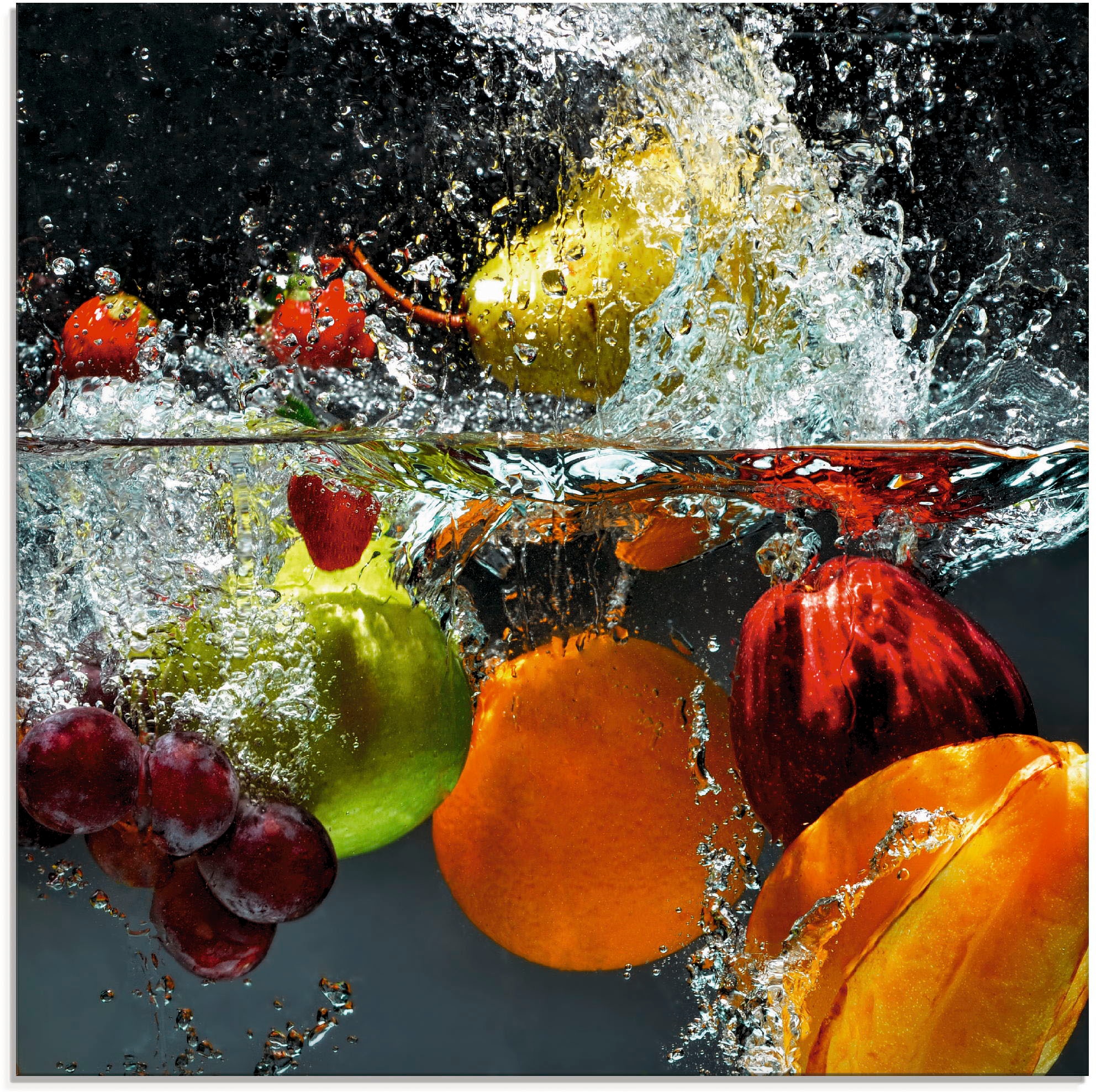 Glasbild »Spritzendes Obst auf dem Wasser«, Lebensmittel, (1 St.), in verschiedenen...