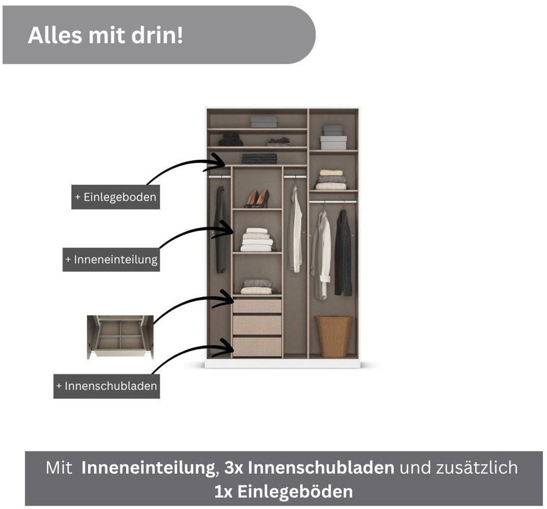 rauch Drehtürenschrank »Kleiderschrank Schrank Garderobe TOPSELLER OTELI inkl. Inneneinteilung«, (erhältlich in Breiten 91-360 cm, ab Breite 136cm inkl. Innenschubladen), mit zusätzlichen Einlegeböden, optional mit Spiegel MADE IN GERMANY