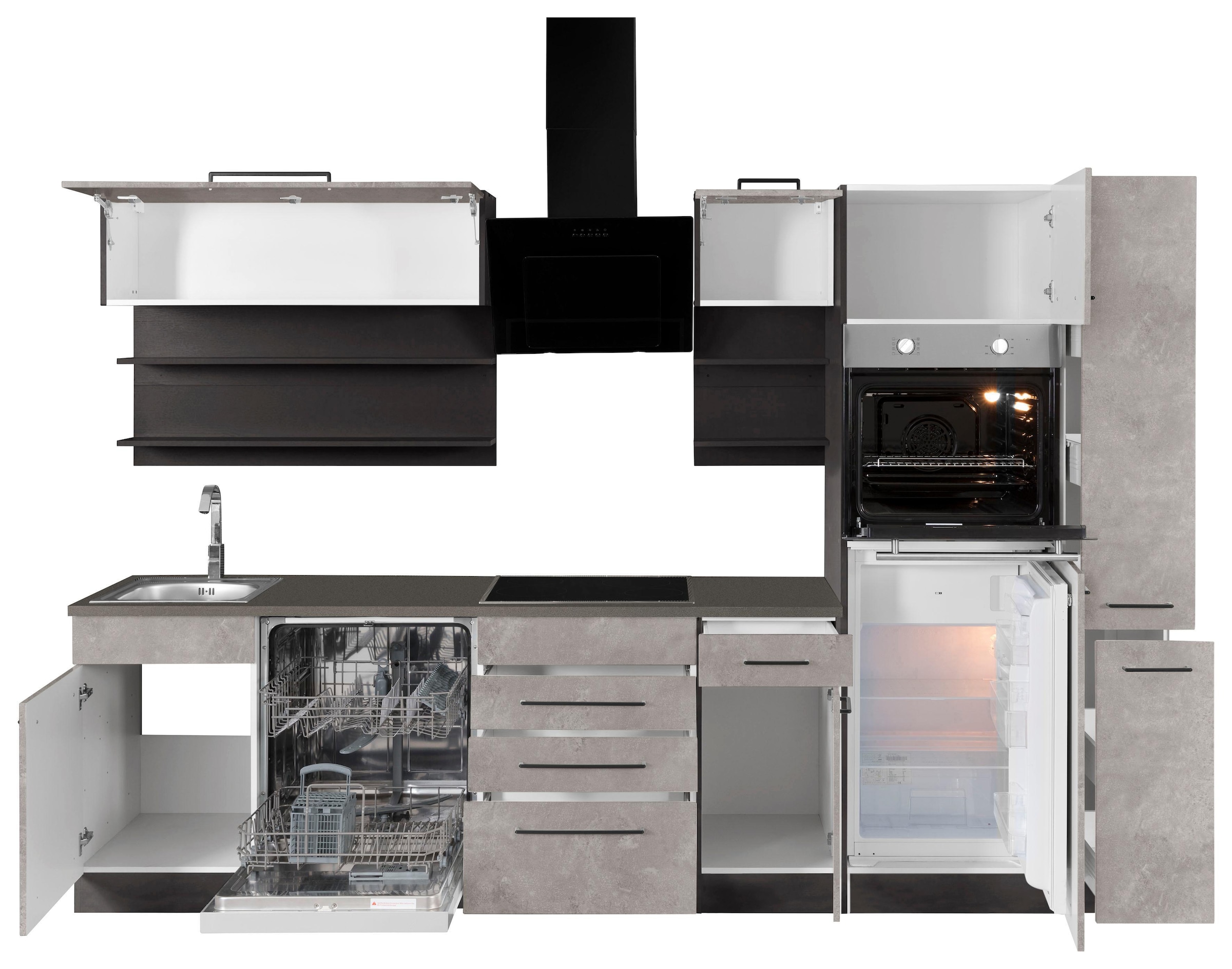 KOCHSTATION Küchenzeile »KS-Tulsa«, mit E-Geräten, Breite 300 cm, schwarze Metallgriffe, MDF Fronten