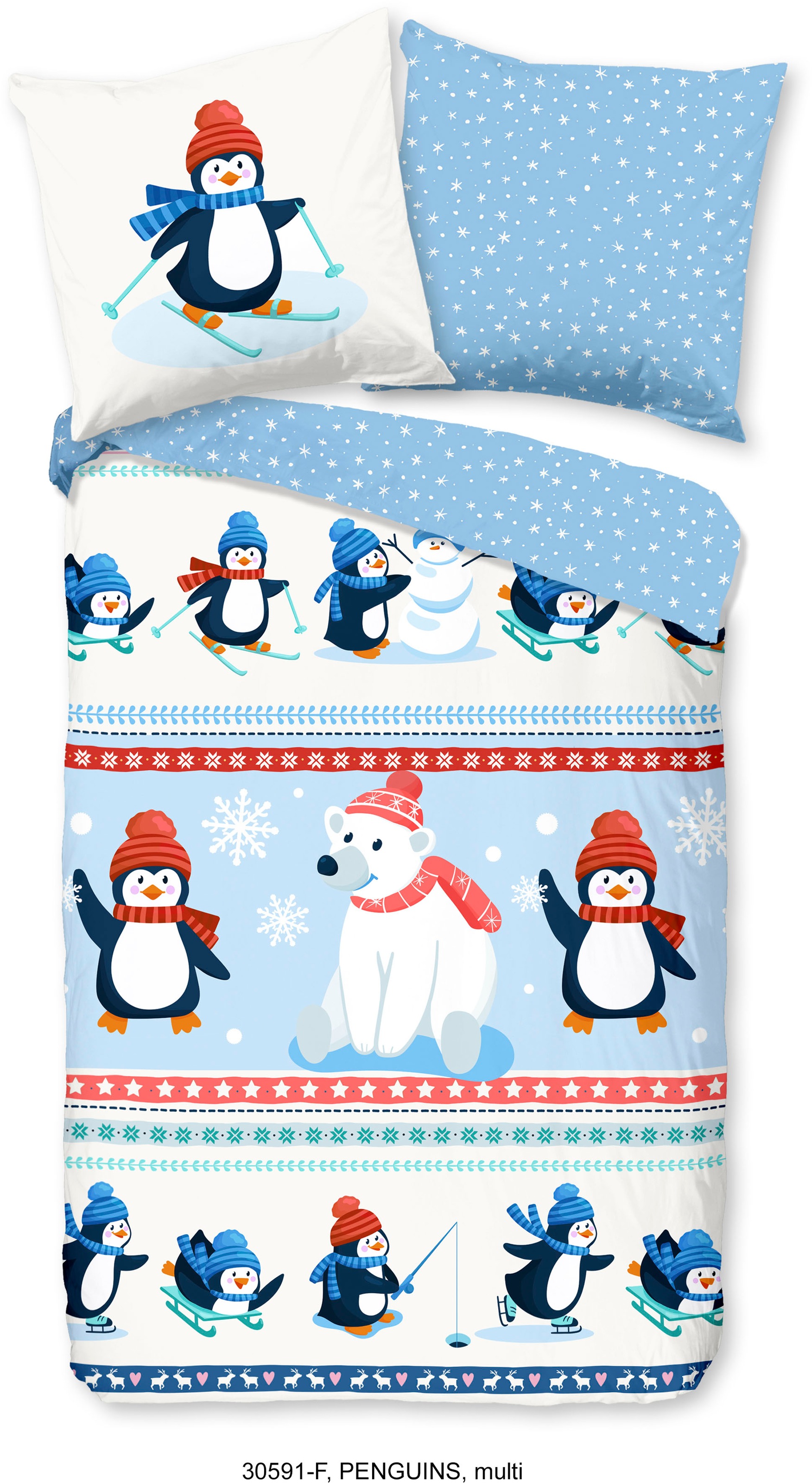 good morning Kinderbettwäsche "Penguins", Biber, 135x200, Warm, Weich, Wendeoptik, Reißverschluss, Winter, Kind