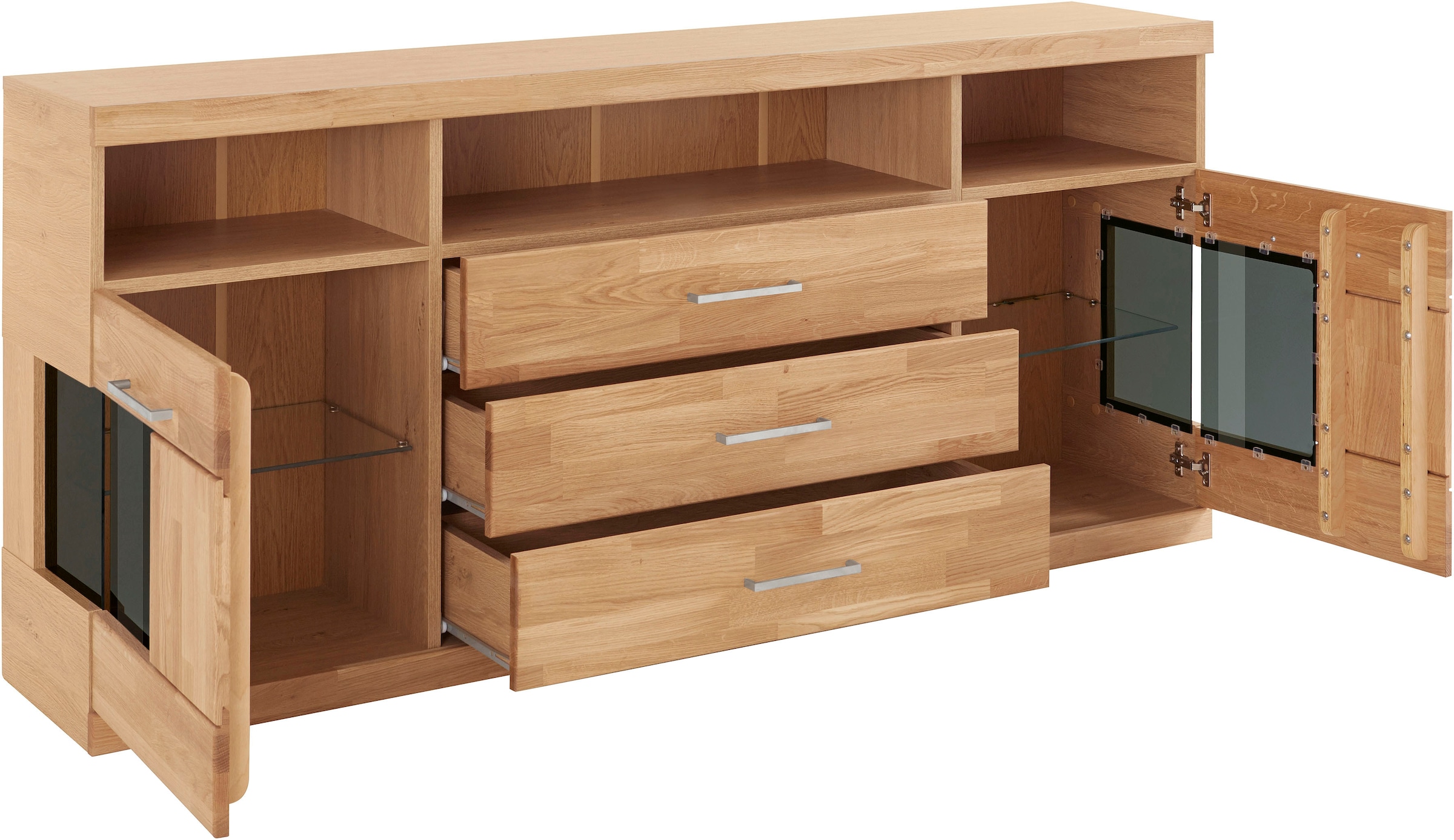 Home affaire Sideboard »Ribe,180cm breit, Fronten Massivholz,7 Fächer,Böden versetzbar«, Korpus Holzwerkstoff,Türen mit Glaseinsatz,3 breite Schubladen
