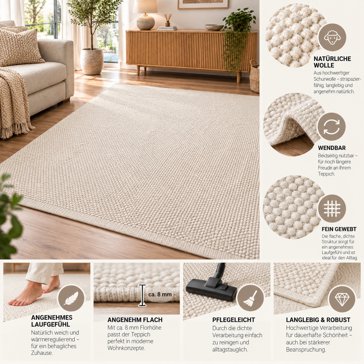 OTTO home Wollteppich »Woolscape 1, handgewebt« rechteckig 10 mm Höhe Wendeteppich, reine Wolle, Uni Farben, auch in rund & als Läufer