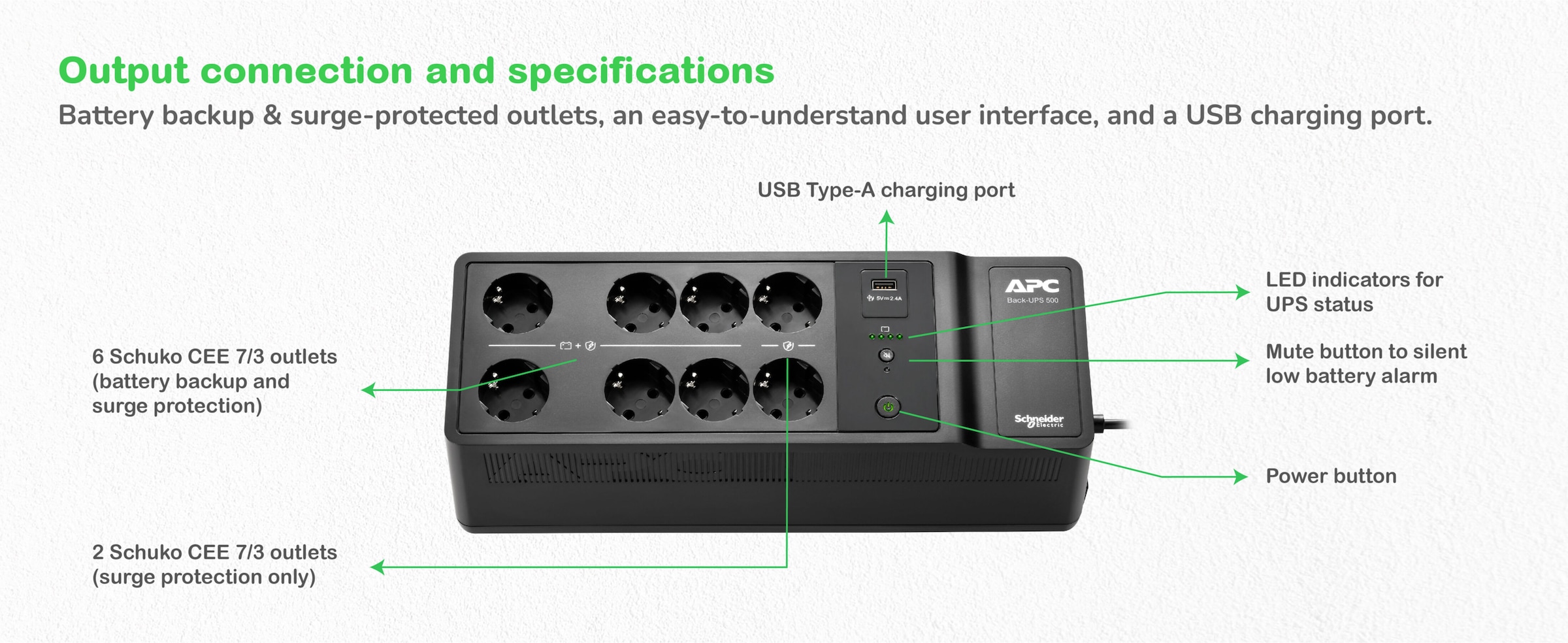 APC USV-Anlage »Back-UPS BE500G2-GR - USV 8x Steckdose, 500VA, 1 USB-Ladegerät, 1 USB-«